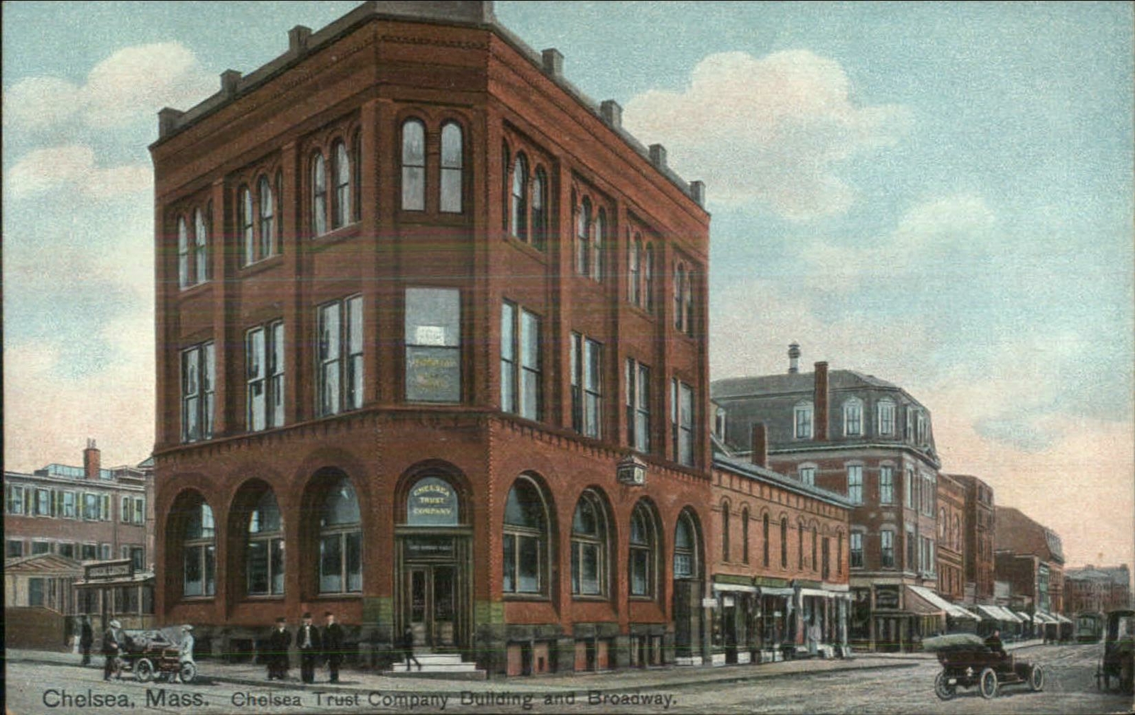 Chelsea MA Trust Co Bldg & Broadway c1910 Postcard Chelsea MA Trust Co Bldg & Broadway c1910 Postcard