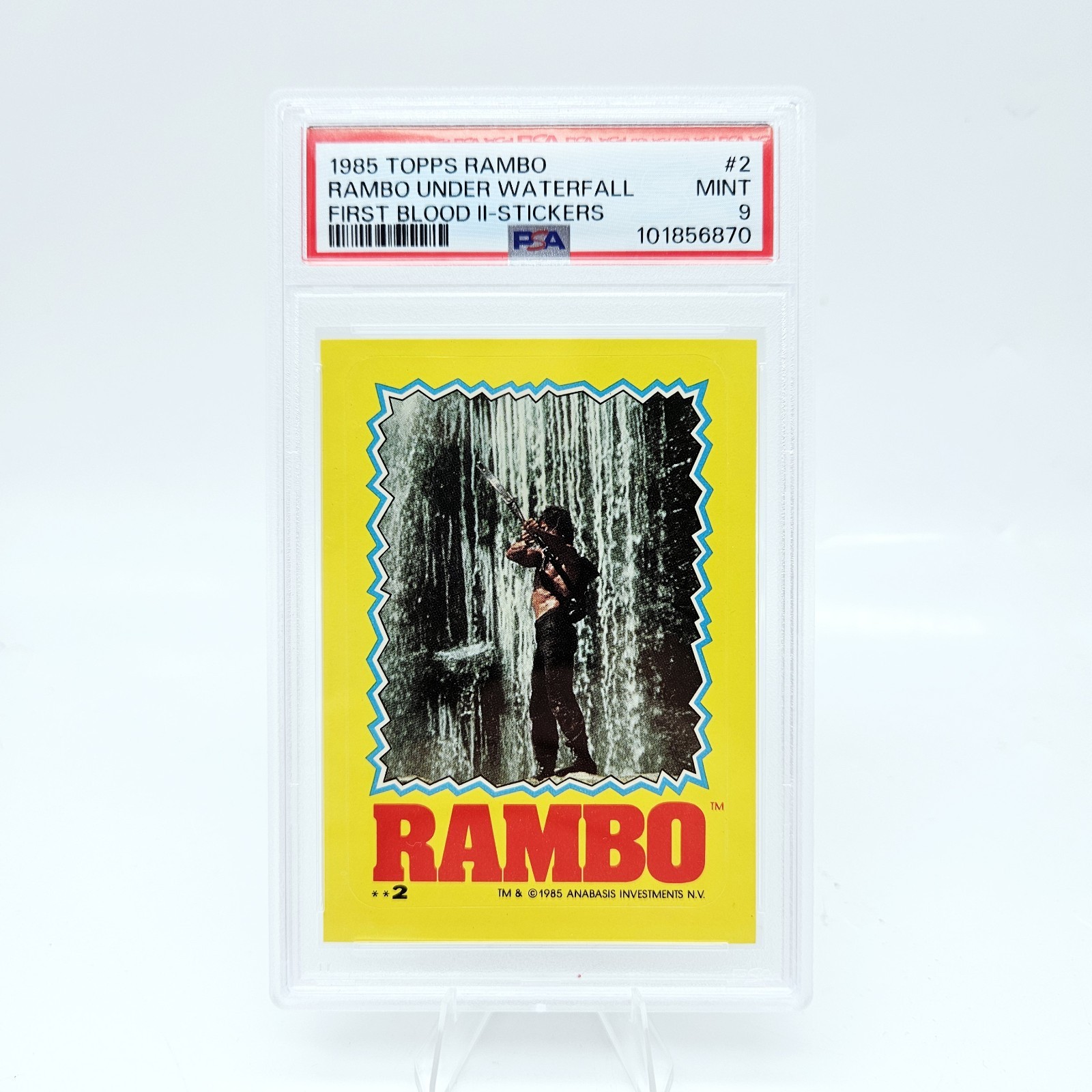 1985 Topps Rambo #2 Under Waterfall First Blood Sticker Stallone PSA 9 1985 Topps Rambo #2 Under Waterfall First Blood Sticker Stallone PSA 9