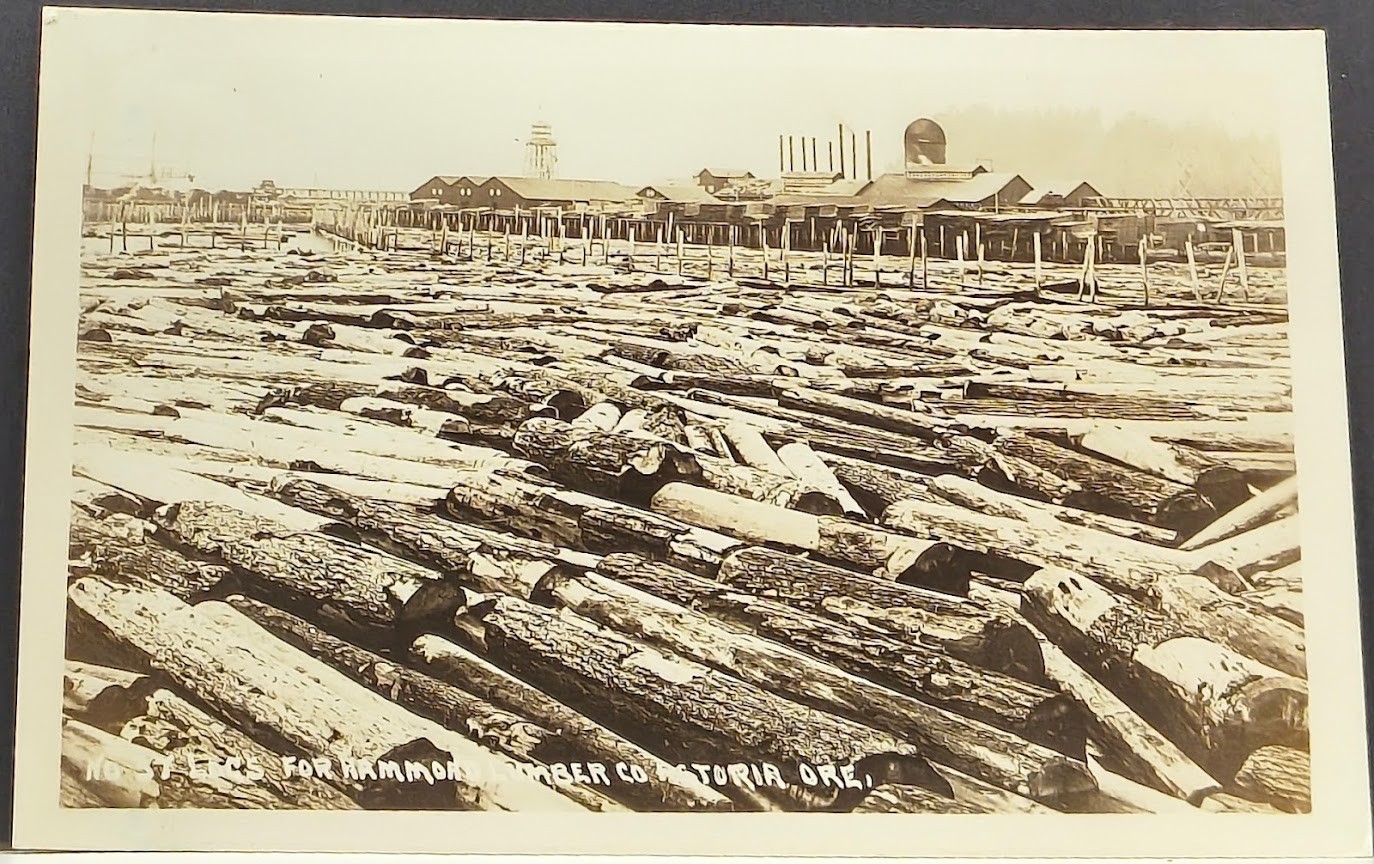 RPPC ~ log boom at the Hammond Lumber Company mill in Astoria, Oregon. RPPC ~ log boom at the Hammond Lumber Company mill in Astoria, Oregon.