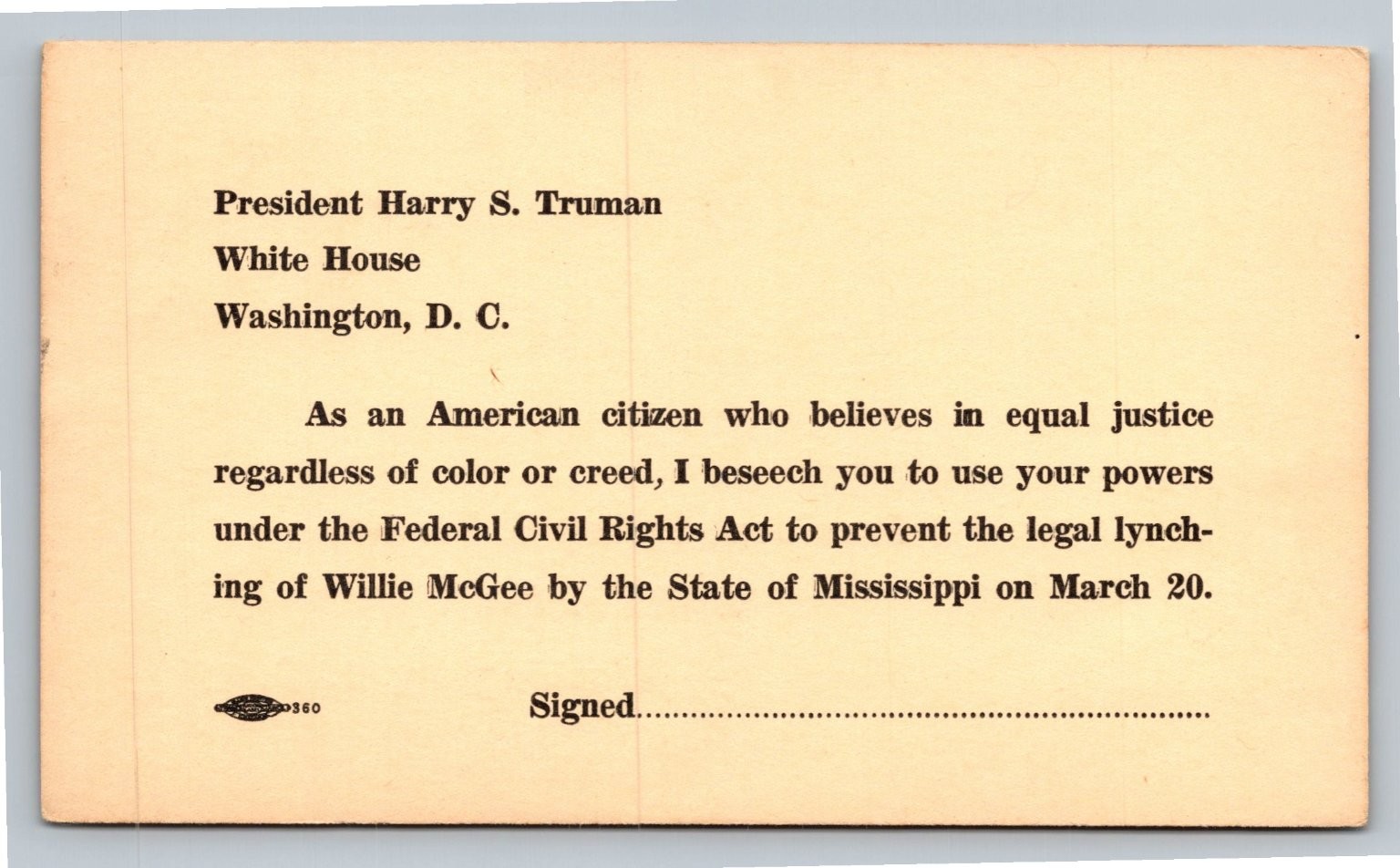 1951 Willie McGee Civil Rights Protest Postcard President Truman Unposted 1951 Willie McGee Civil Rights Protest Postcard President Truman Unposted