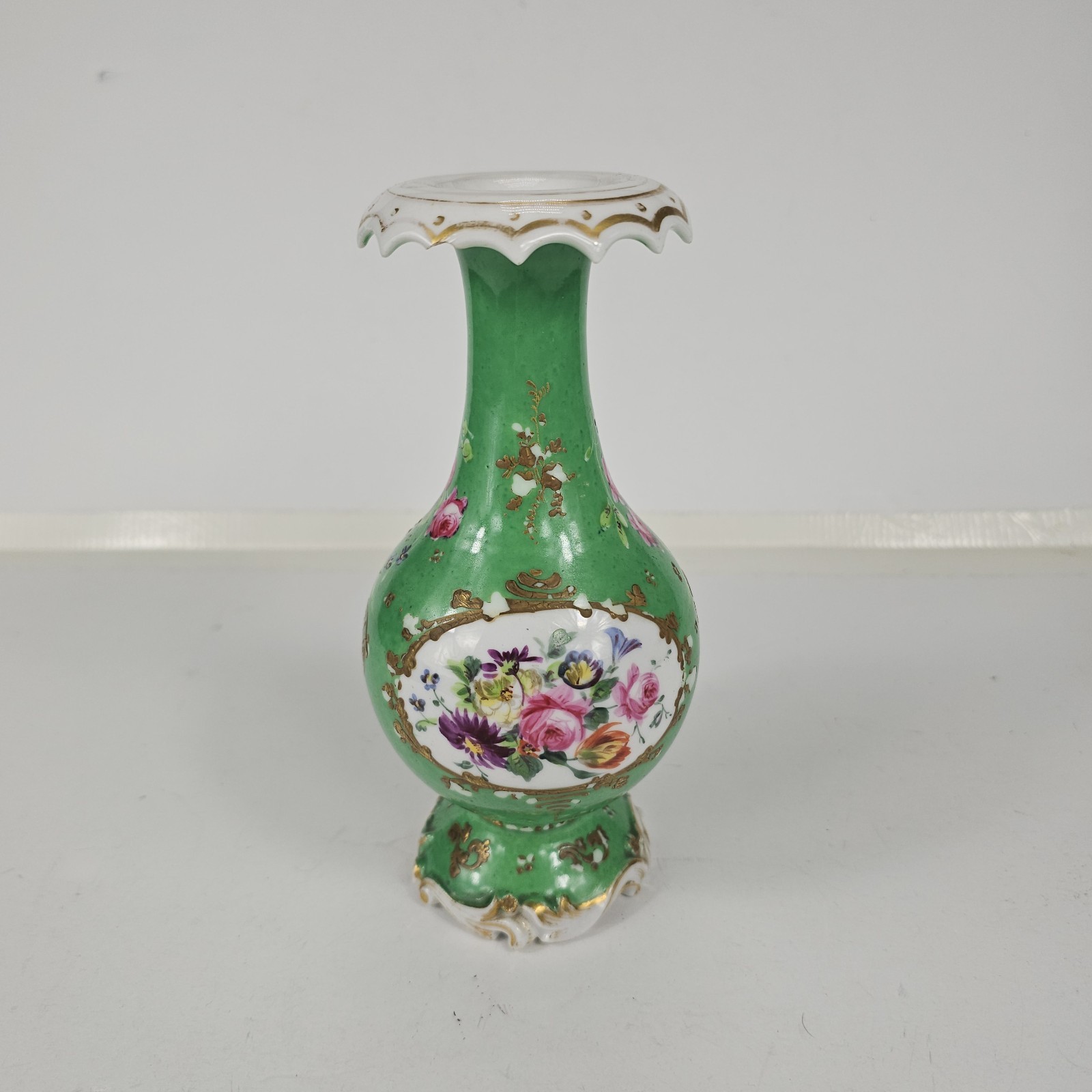 Antique 19th C Old Paris Style Green Porcelain Vase Hand Painted Flowers Gilt Antique 19th C Old Paris Style Green Porcelain Vase Hand Painted Flowers Gilt