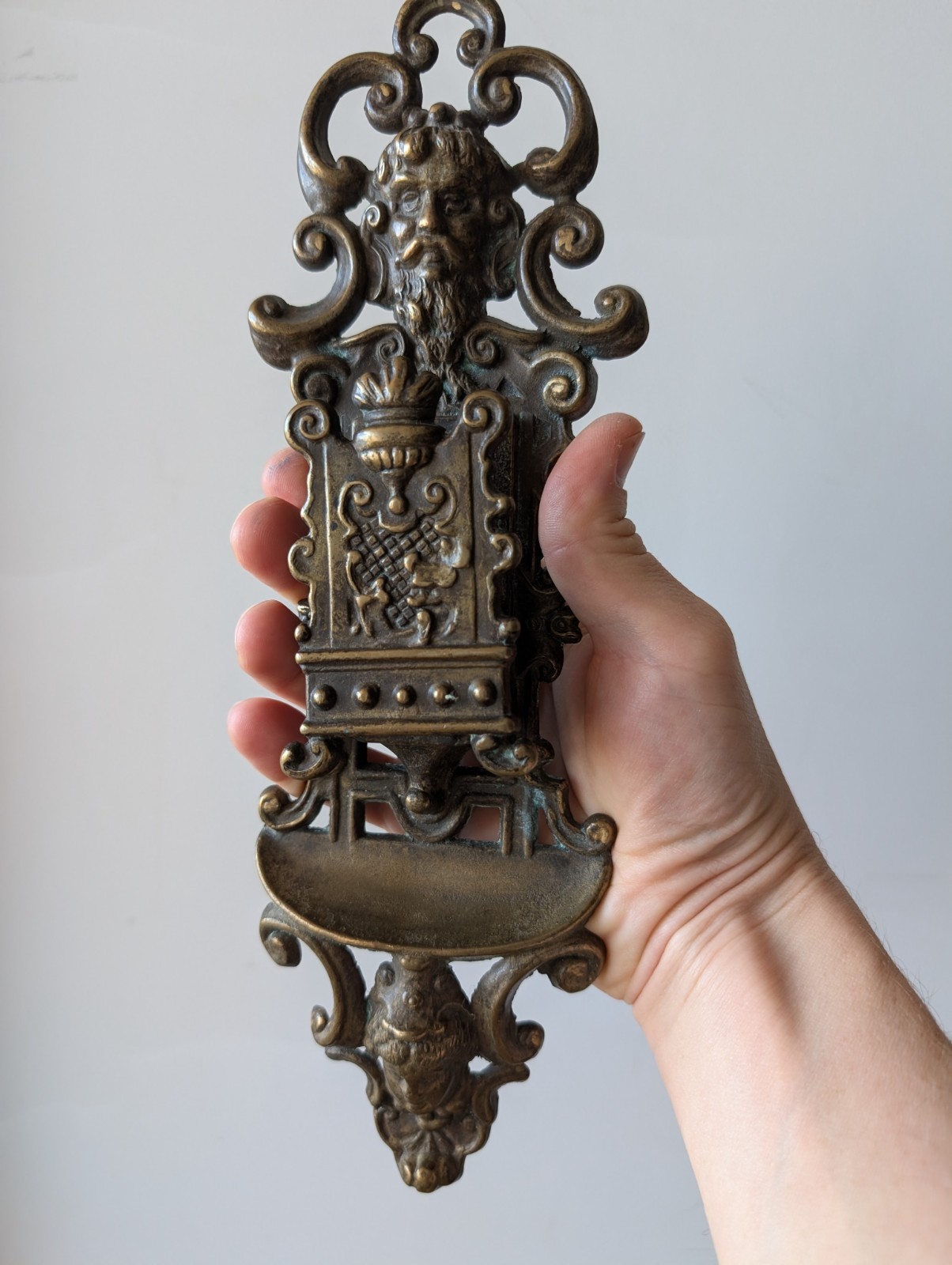M-Plum Luxa Vintage Brass Wall Matchbox Holder German Renaissance Revival