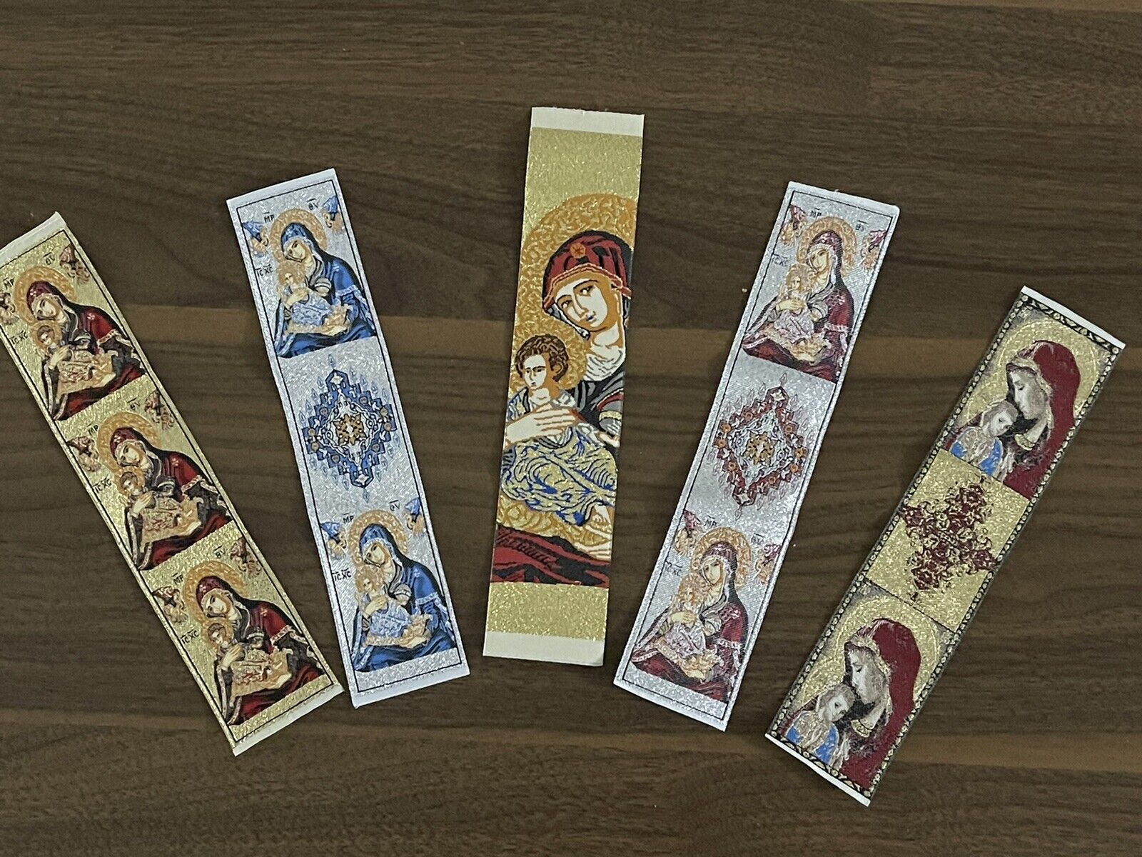 Religious icon Bookmark of Virgin Mary Pure Cotton Gold Yarn Madonna Set of 5