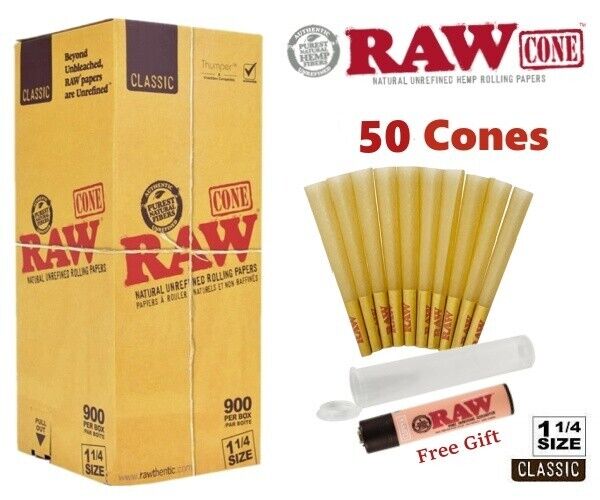 Authentic RAW Classic 1 1/4 Size Pre-Rolled Cones 50 Pack & Free Clipper Lighter