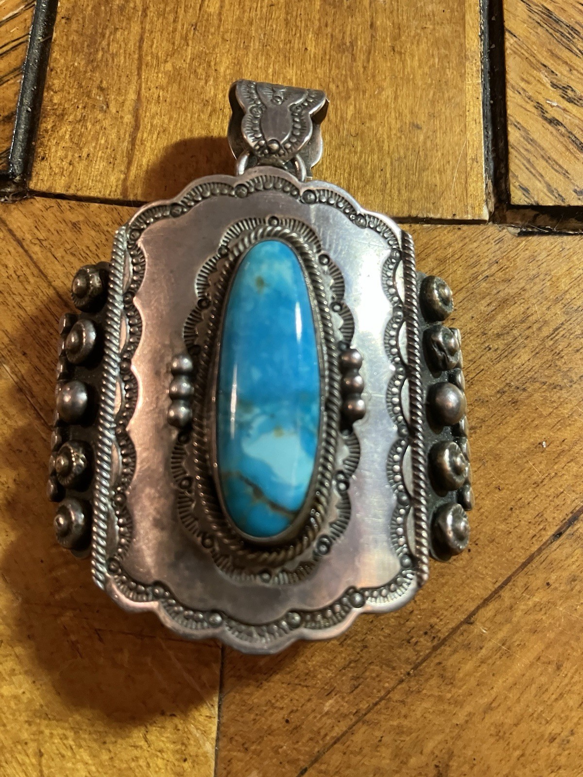 Huge Vintage Sterling 925 Wallace Turquoise Pendant Stampwork 2.7” Blue 55 Grams Huge Vintage Sterling 925 Wallace Turquoise Pendant Stampwork 2.7” Blue 55 Grams
