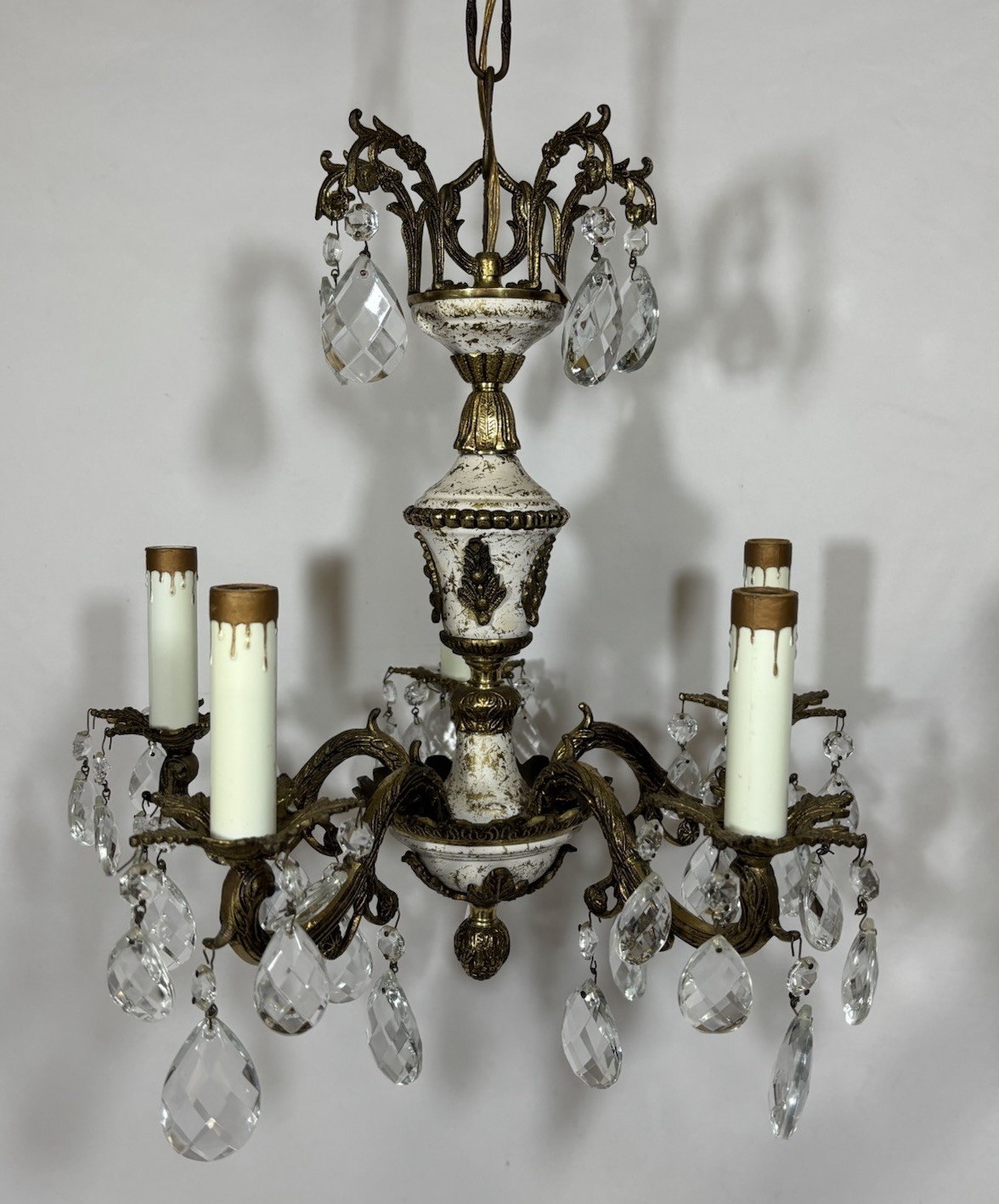 Vintage Spanish 5 Light Brass Chandelier w/ Crystal Prisms & White Enamel Paint Vintage Spanish 5 Light Brass Chandelier w/ Crystal Prisms & White Enamel Paint