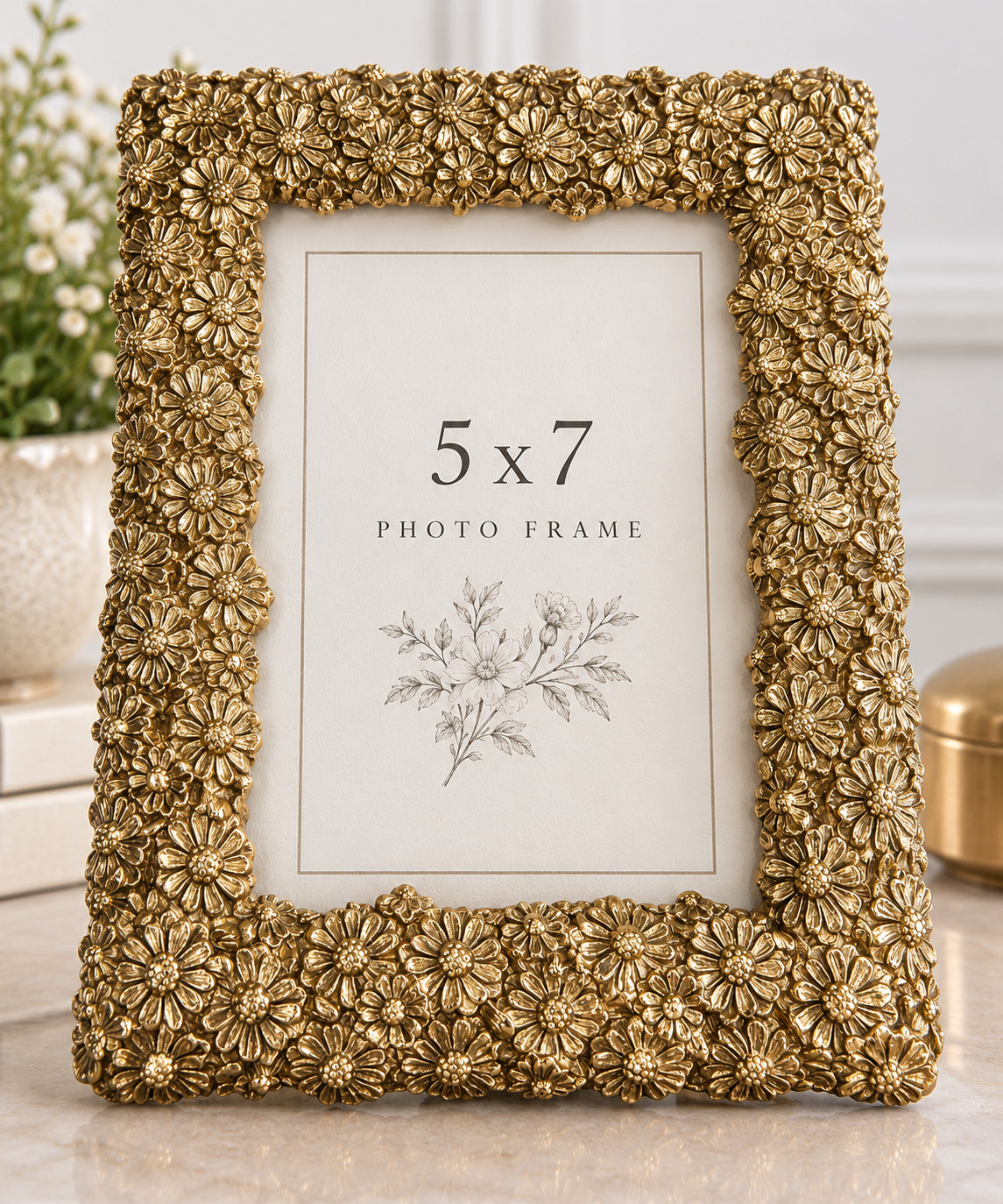 Vintage Heavy Gold Tone Metal 5x7 Picture Frame Raised Floral Flowers Ornate Vintage Heavy Gold Tone Metal 5x7 Picture Frame Raised Floral Flowers Ornate