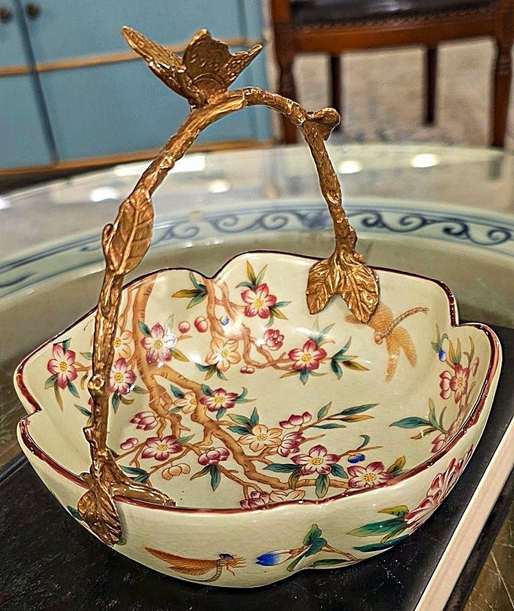 Colorful Porcelain Chinoiserie Round Basket. Bronze Handle. Hand Painted Colorful Porcelain Chinoiserie Round Basket. Bronze Handle. Hand Painted
