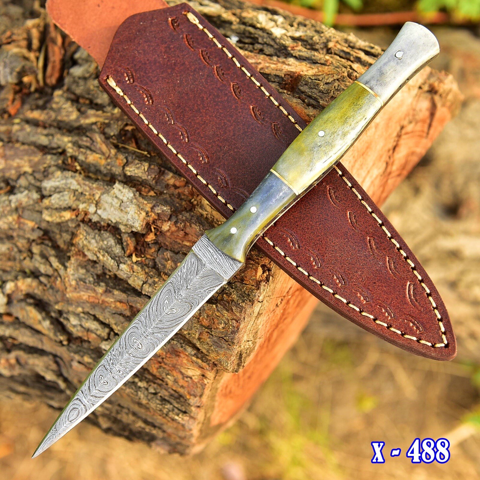 Handmade Double-Edged Damascus steel Hunting Dagger boot Knife Camel Bone Handle Handmade Double-Edged Damascus steel Hunting Dagger boot Knife Camel Bone Handle