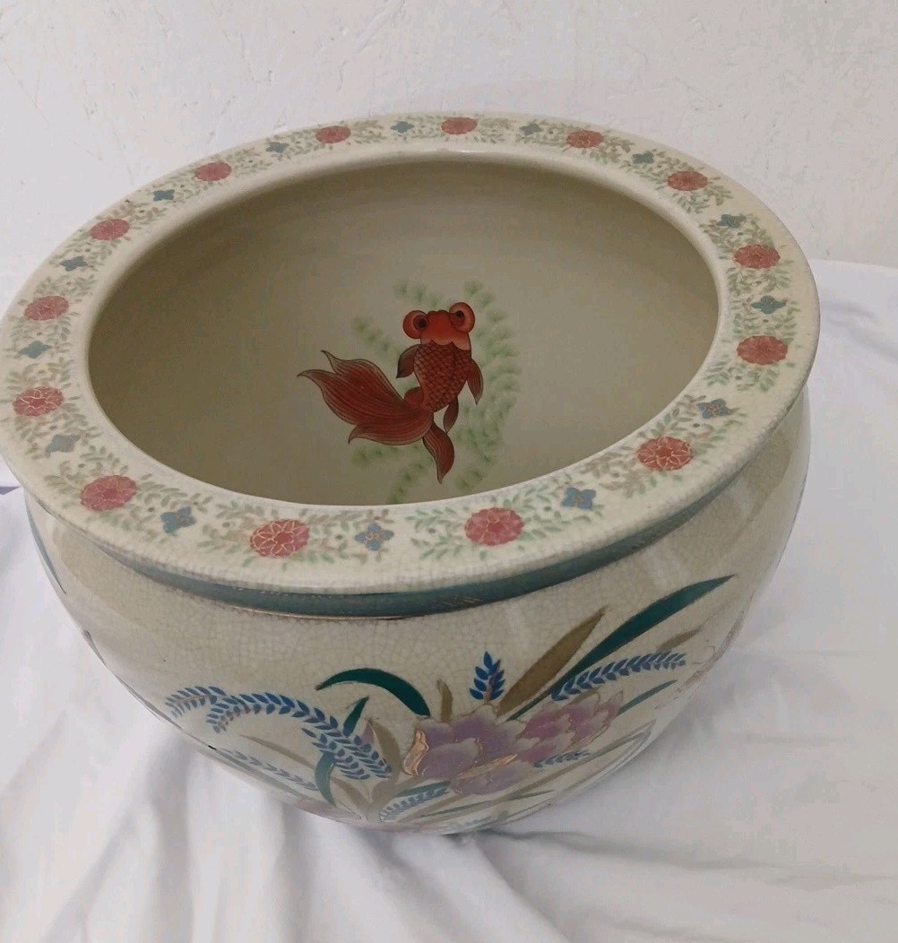 Vintage Chinese Chinoiserie Peony & Koi Porcelain Planter Vintage Chinese Chinoiserie Peony & Koi Porcelain Planter