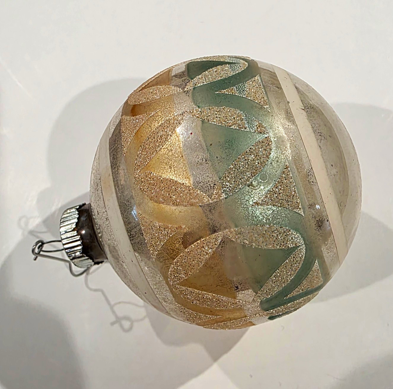Vintage Large Shiny Brite Glass Ornament Silver/Gold/Green Made in USA