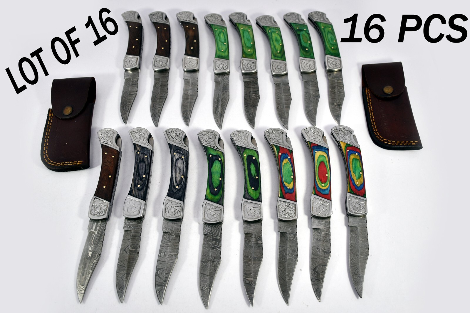 16 pieces Damascus steel blade back lock folding knife with Leather sheath 5083 16 pieces Damascus steel blade back lock folding knife with Leather sheath 5083