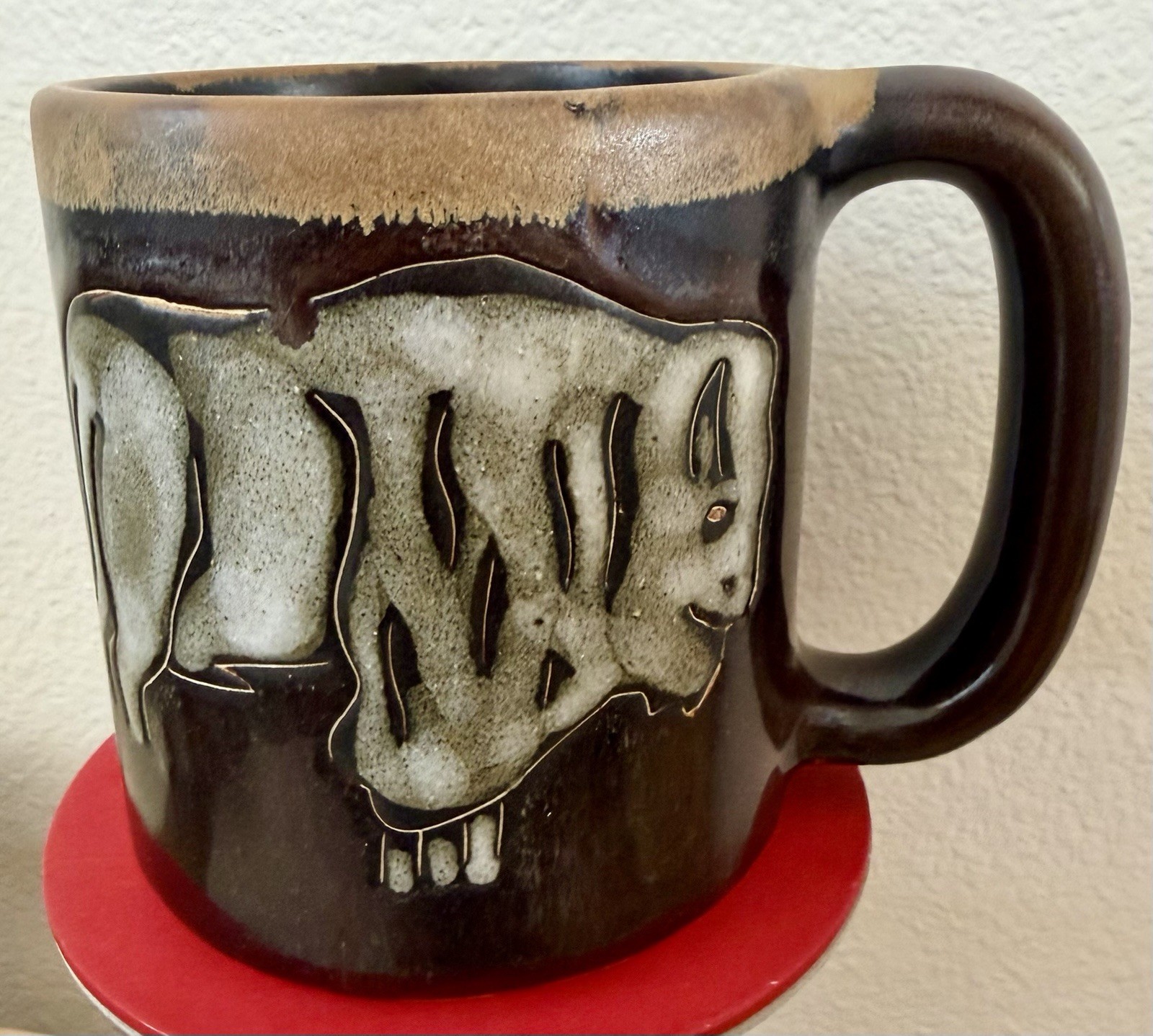 Mara of Mexico Brown Stoneware Coffee Mug Tea Cup Buffalo Cow Bravery Strength