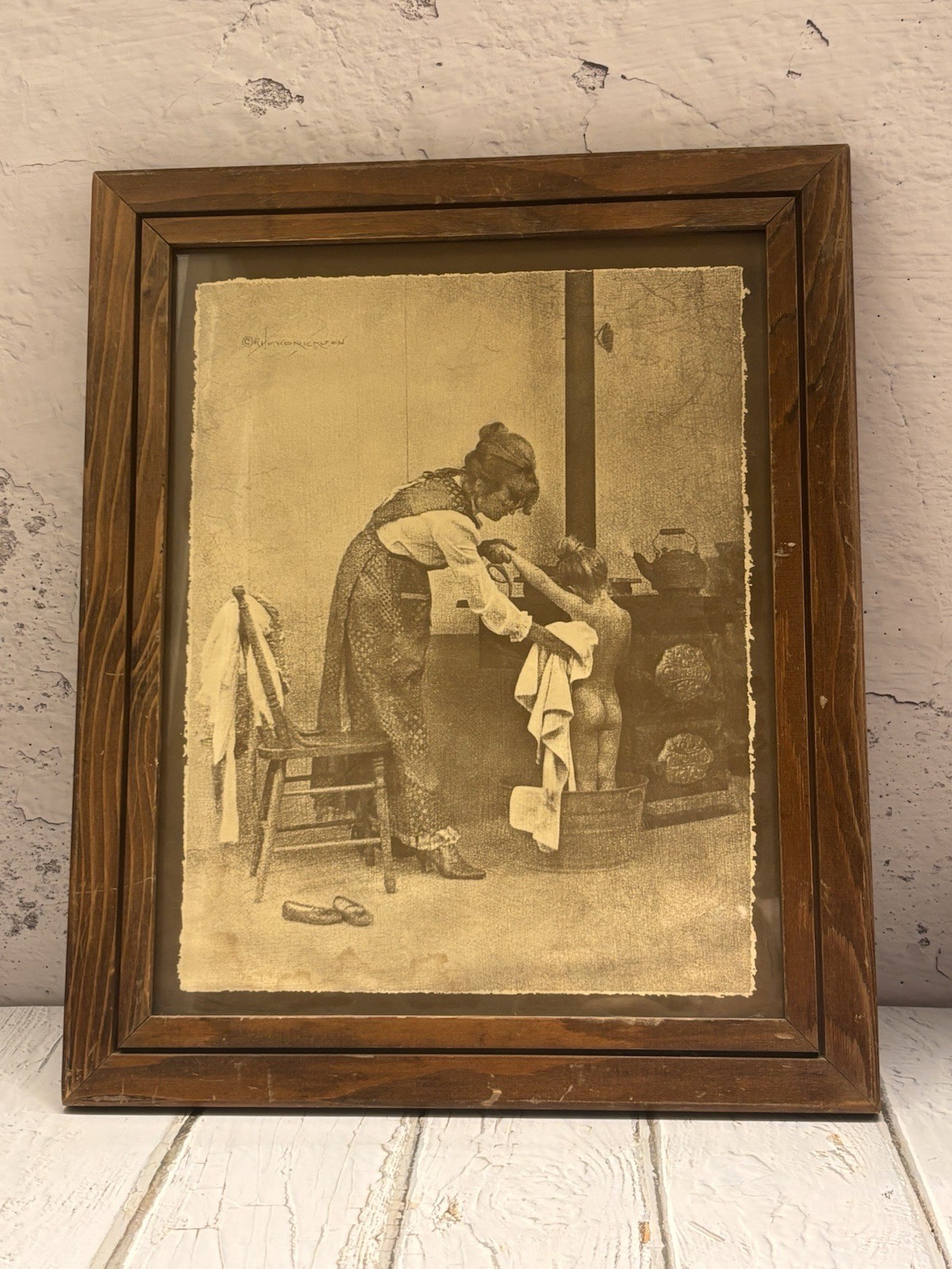 Vintage R Hendrickson Sepia Print Bath Time Mother Child Wood Stove Framed 17"