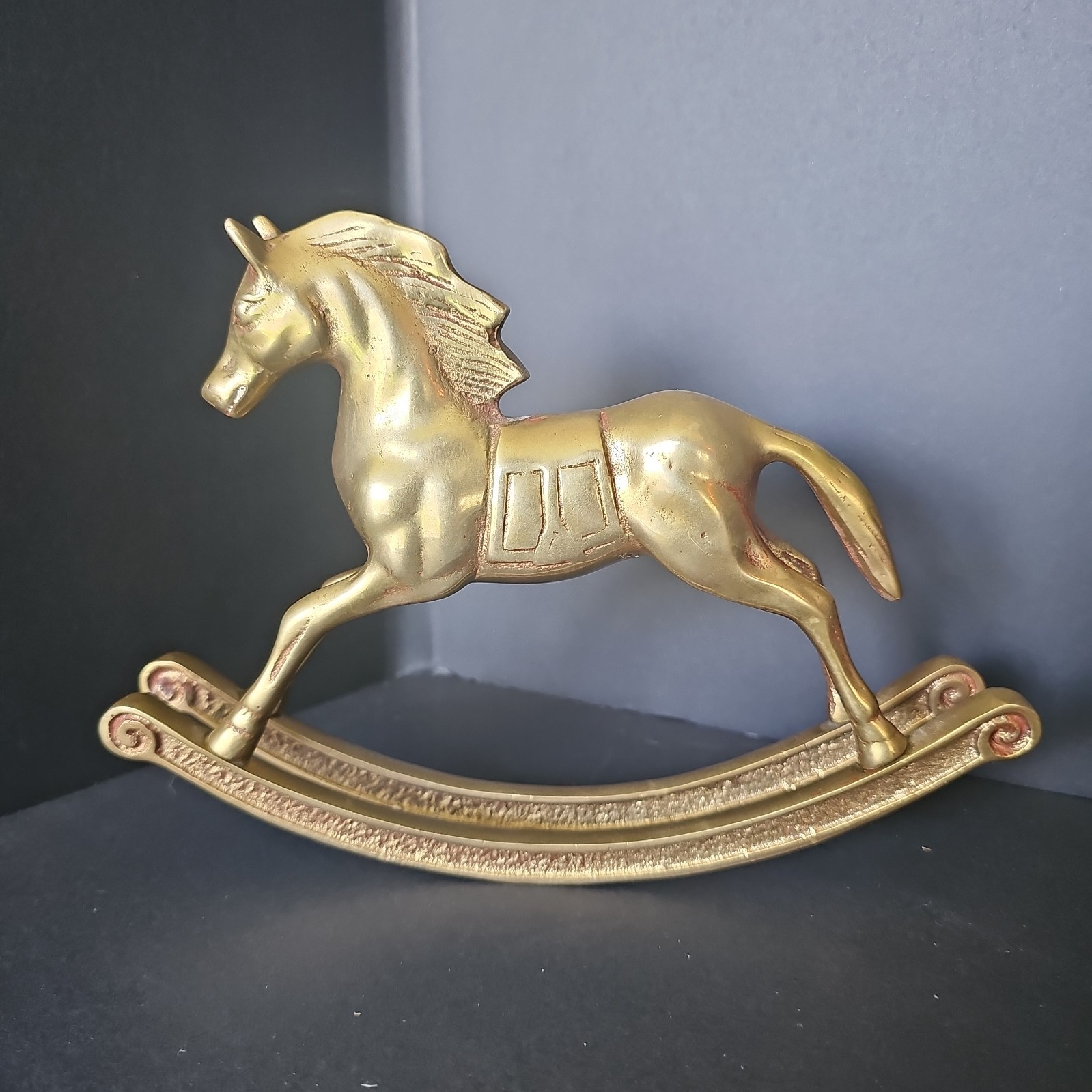 Vintage Solid Brass Rocking Horse 8.5” long by 6” tall Figurine Collectible