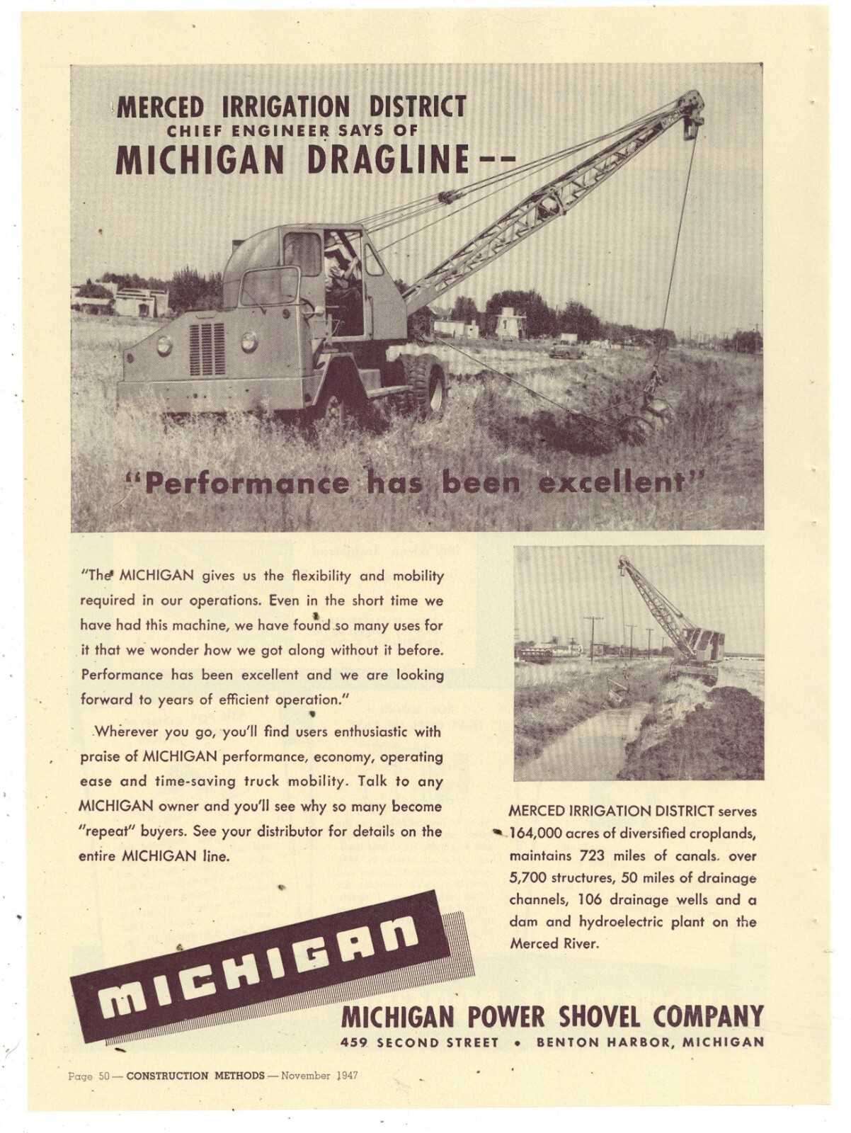 1947 Michigan Power Shovel Ad: Dragline ISO Merced River Irrigation District