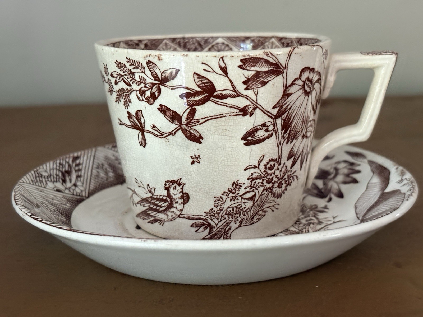 ATQ 1880s Ironstone Brown Transferware Aesthetic Cup Saucer Premium Henkel Bros.