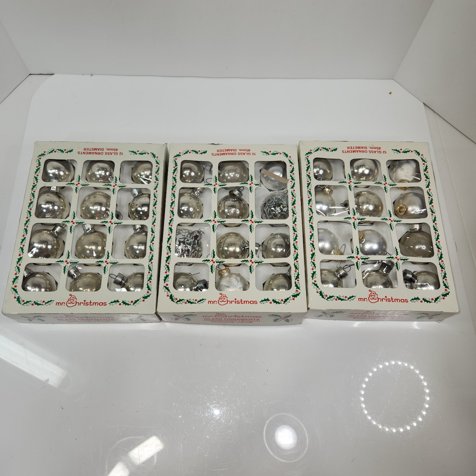 VTG 60's Glass Christmas Tree Ornaments Silver Round Plain And Decorated 36 Pcs VTG 60's Glass Christmas Tree Ornaments Silver Round Plain And Decorated 36 Pcs