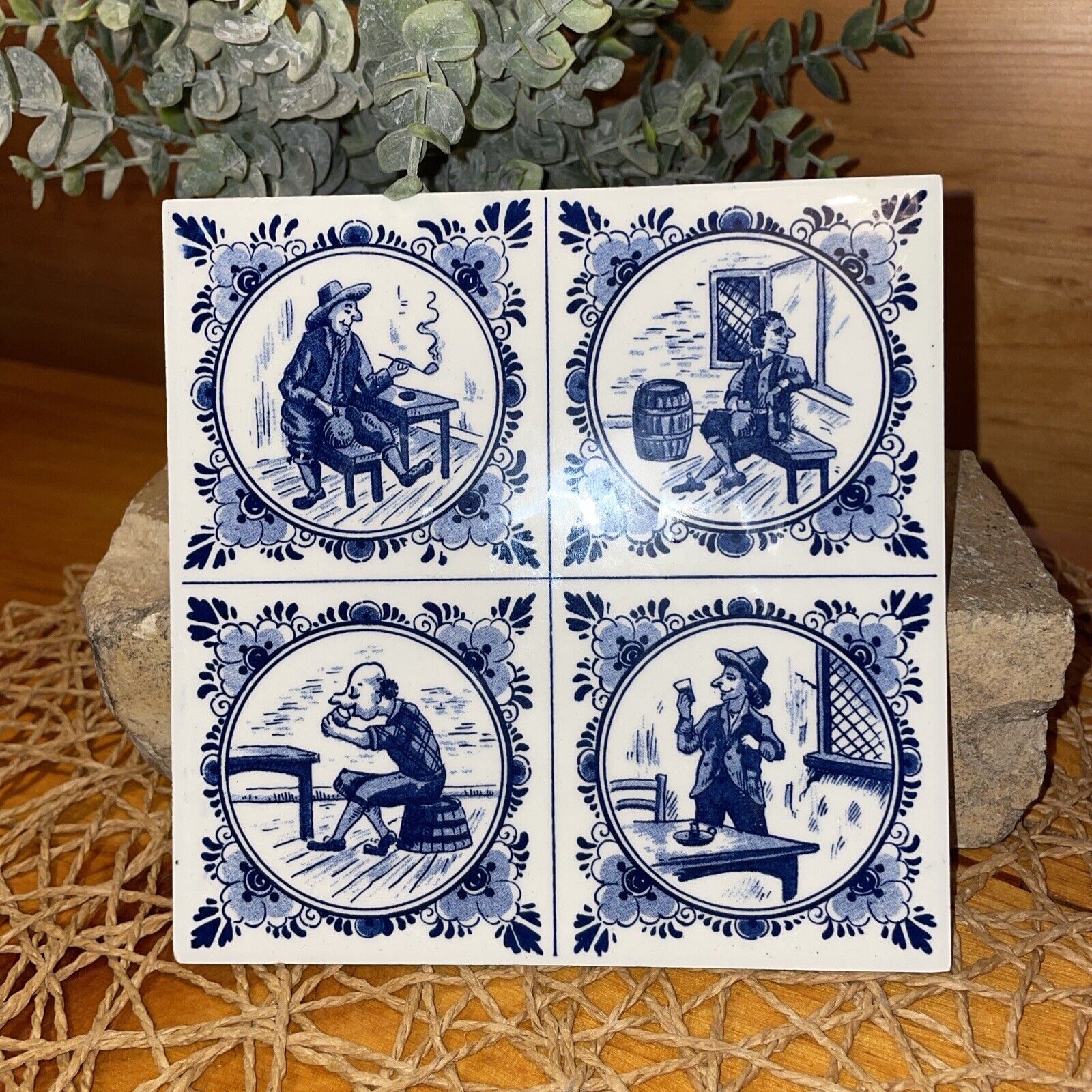 Vintage Delft Hand-Painted Cobalt Blue and White 6 Inch Square Tile 4 Scenes