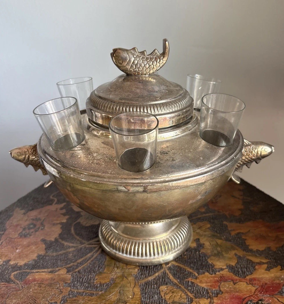 Vintage Silver Plated Caviar Serving Bowl with 6 Vodka Glasses