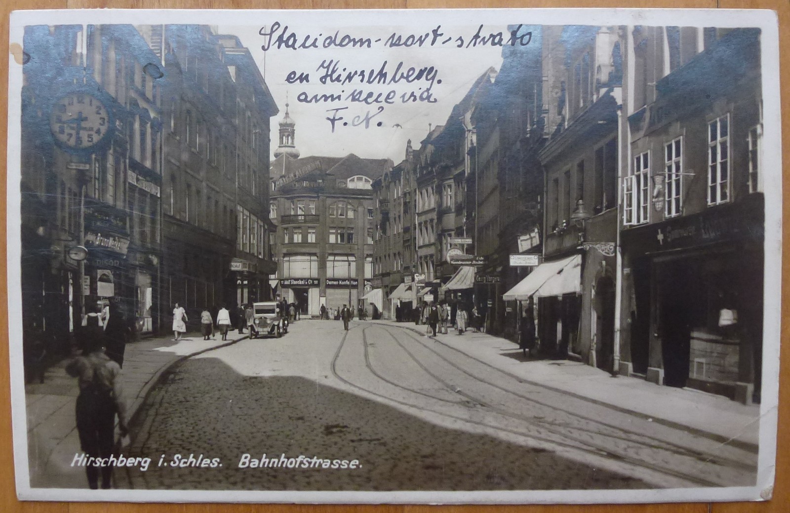 Postcard Hirschberg Bahnhofstrasse 1929 street clock Jelenia Góra Legnica Silesia Postcard Hirschberg Bahnhofstrasse 1929 street clock Jelenia Góra Legnica Silesia