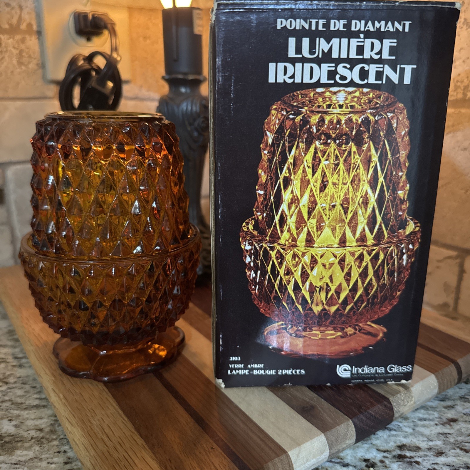 VTG Amber Indiana Glass Diamond Point Fairy Lamp Tealight Candle Holder MCM MINT
