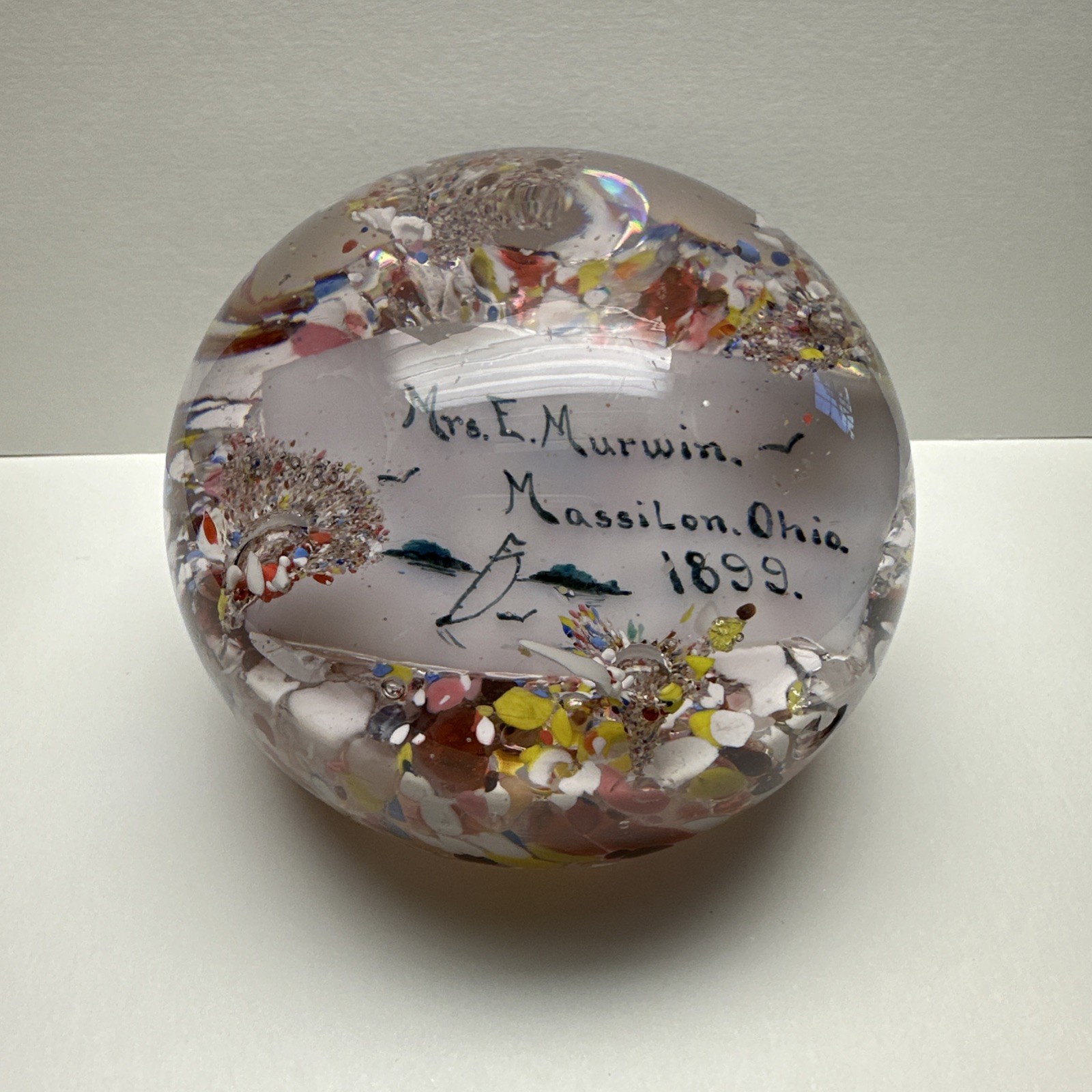 Antique Paperweight John Degenhart Plaque Personalized Floral Art Glass 1899 Antique Paperweight John Degenhart Plaque Personalized Floral Art Glass 1899