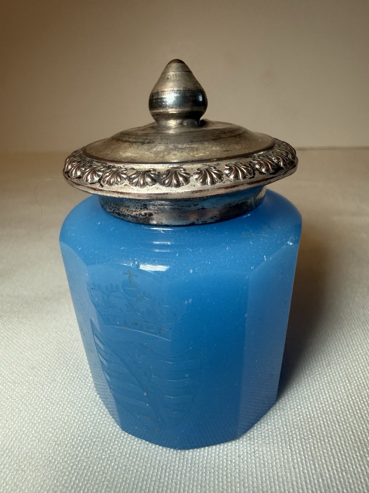 Antique German Blue Opaline Glass Vanity Jar W/ Saxony Kingdom Crest & Lid Antique German Blue Opaline Glass Vanity Jar W/ Saxony Kingdom Crest & Lid
