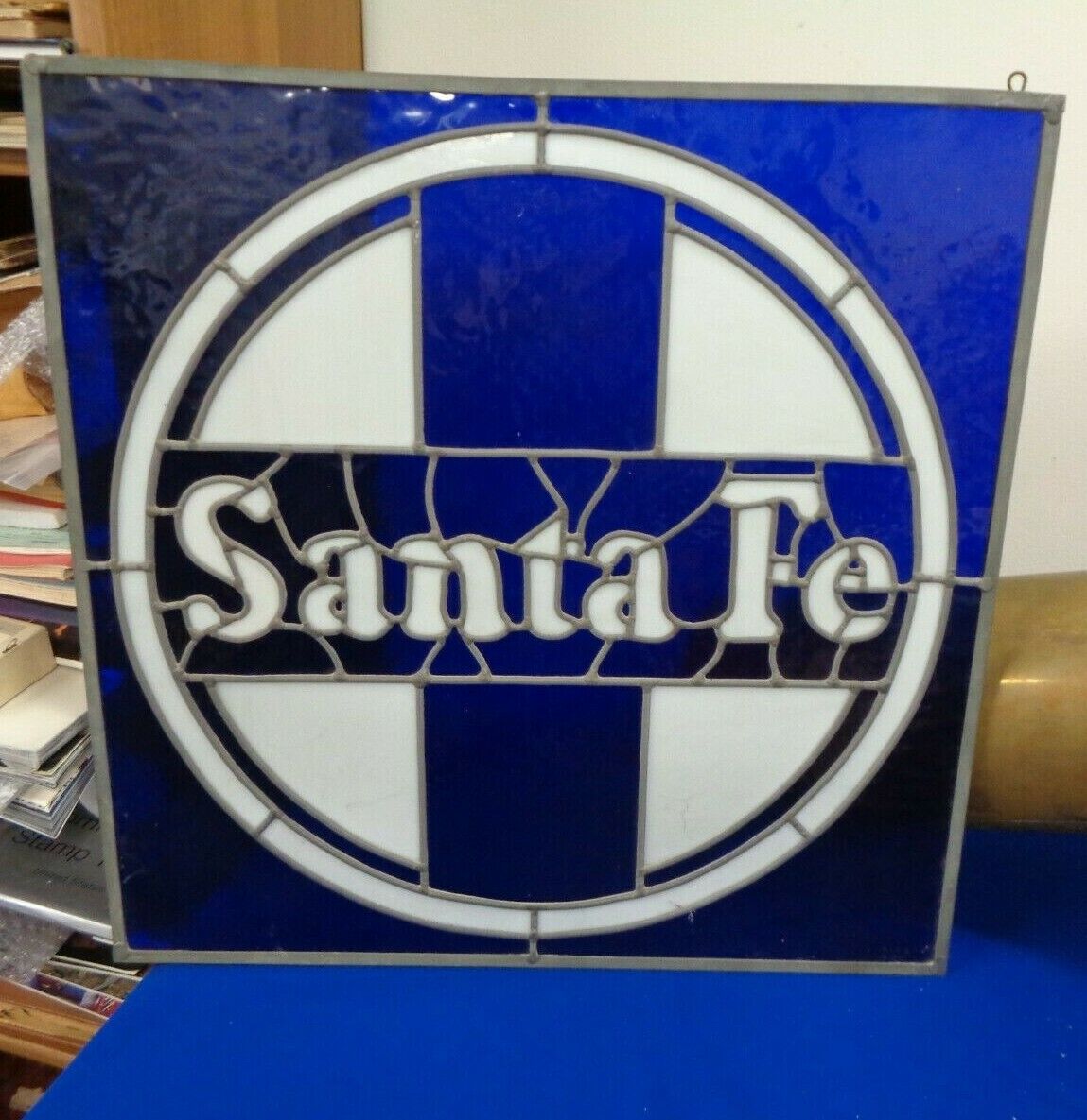 BLUE & WHITE VINTAGE STAINED GLASS SANTA FE RAILROAD TRAIN SIGN - LOCAL PICK-UP