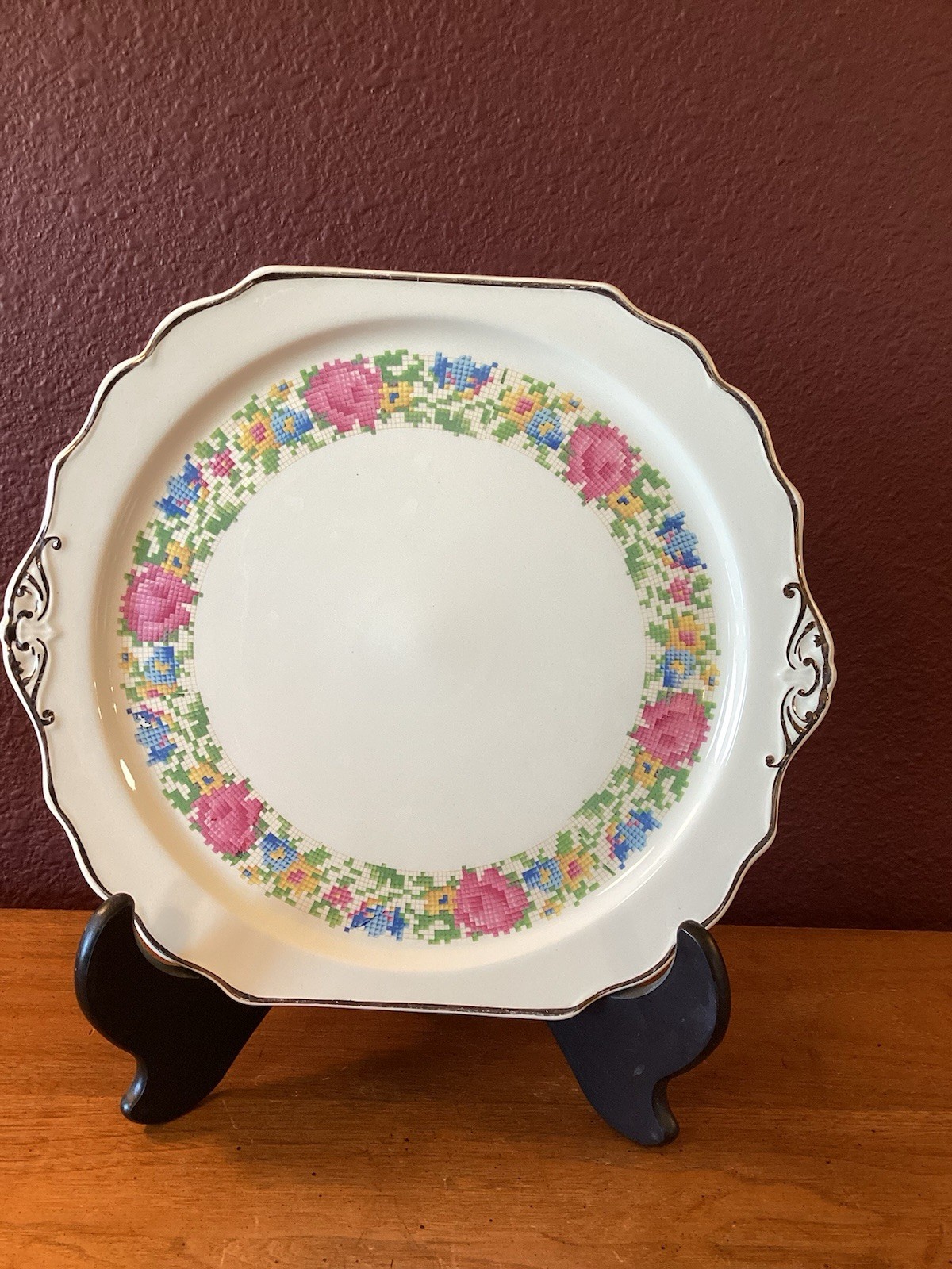 Vintage Barker Hot oven Petit Point Needlepoint Pattern Cake Plate With Handles Vintage Barker Hot oven Petit Point Needlepoint Pattern Cake Plate With Handles