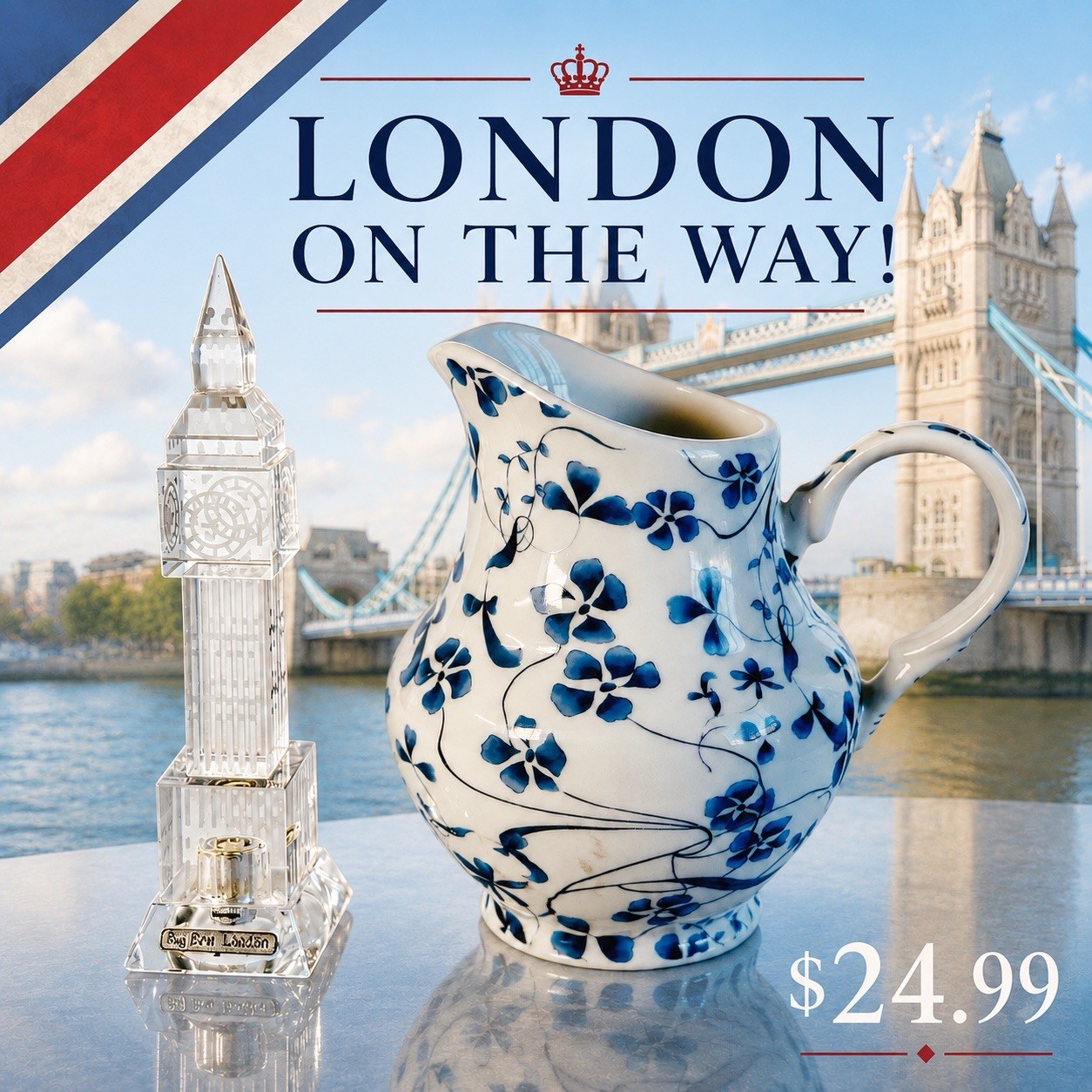 London Pottery Blue Floral Creamer & Crystal Big Ben Table Lighter – 2 Pieces