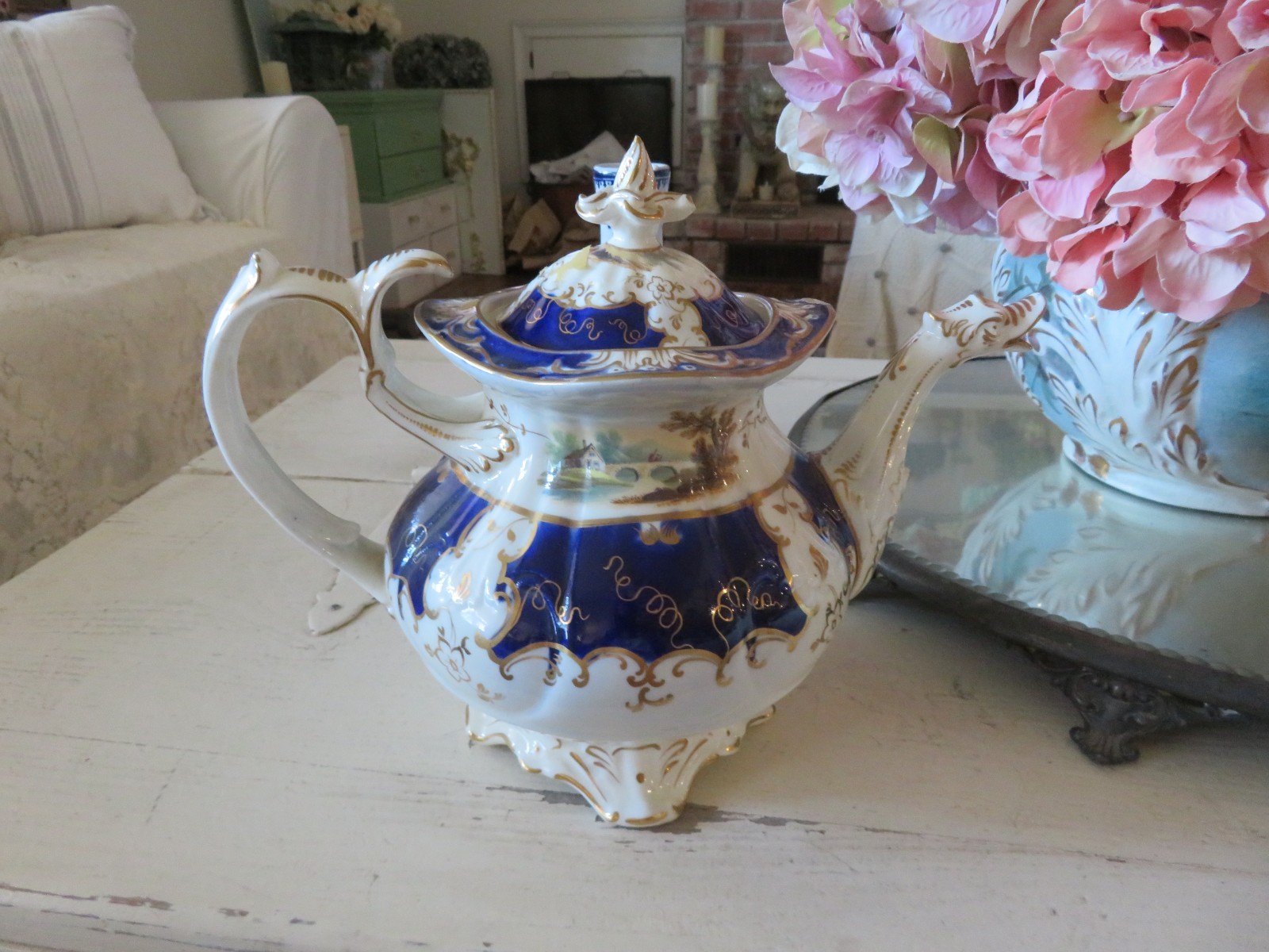 Antique Samuel Alcock Porcelain Tea pot Coffee Pot Blue w Gilt Gold Bird Spout Antique Samuel Alcock Porcelain Tea pot Coffee Pot Blue w Gilt Gold Bird Spout