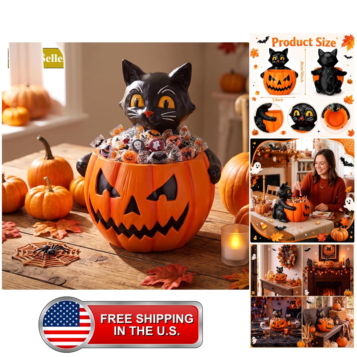 Halloween Candy Bowl Vintage Black Cat Pumpkin Resin Candy Dish Halloween Candy Bowl Vintage Black Cat Pumpkin Resin Candy Dish