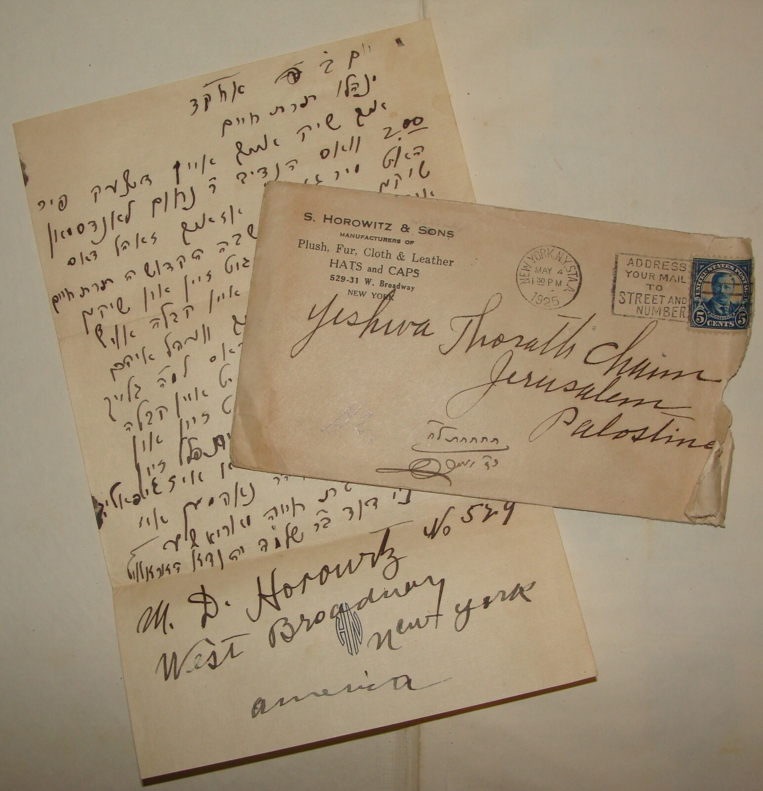 Letter Jewish American Judaica 1925 USA New York Cover Horowitz Yiddish Letter Jewish American Judaica 1925 USA New York Cover Horowitz Yiddish