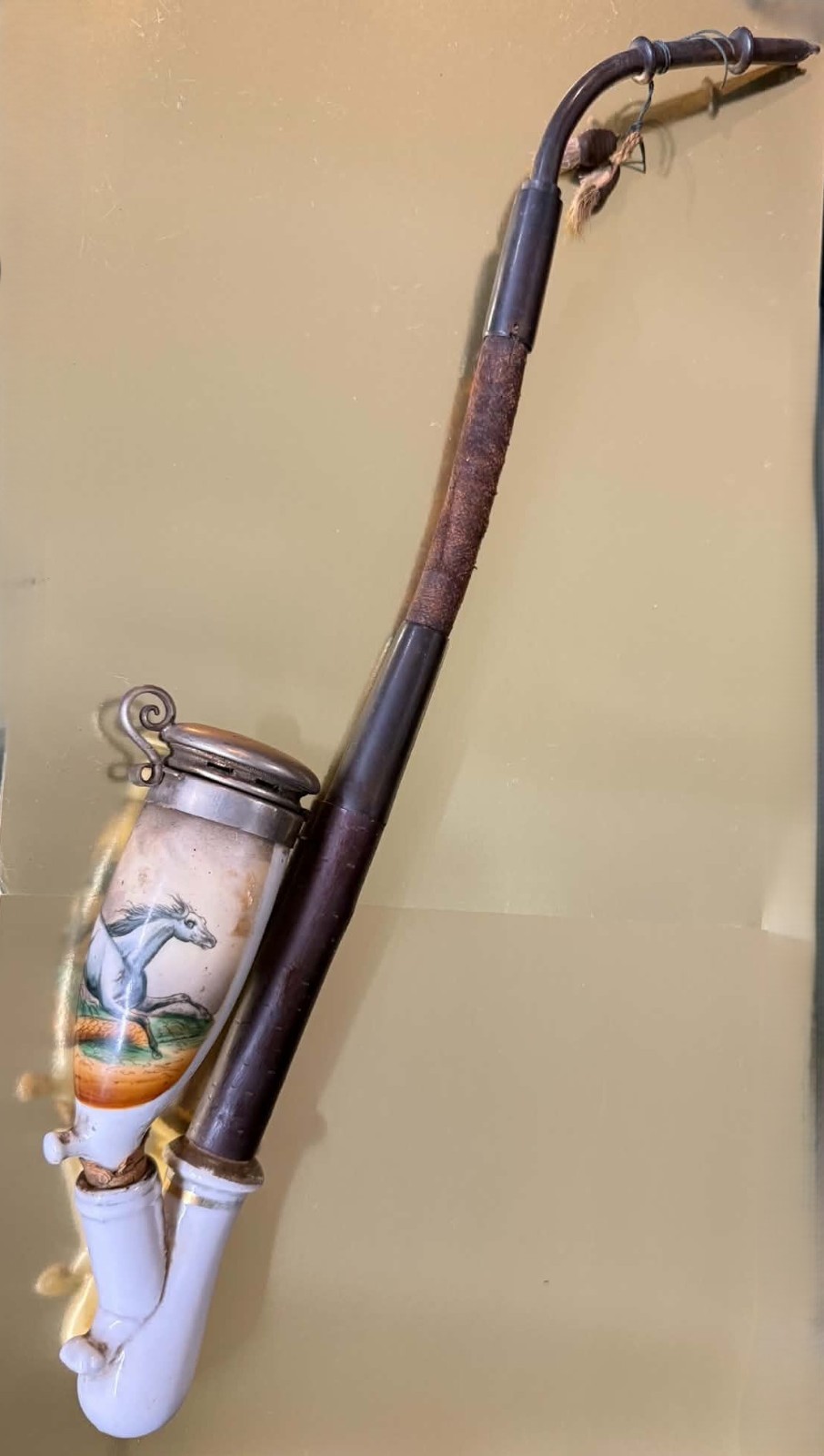 Antique German Gesteckpfeife Hunting Pipe w/ Hand Painted Horse Porcelain Bowl