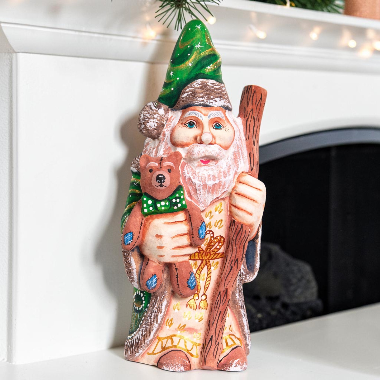 Green Santa Figurine 10.5", Hand Carved Wood Father Christmas with Teddy Bear Green Santa Figurine 10.5", Hand Carved Wood Father Christmas with Teddy Bear