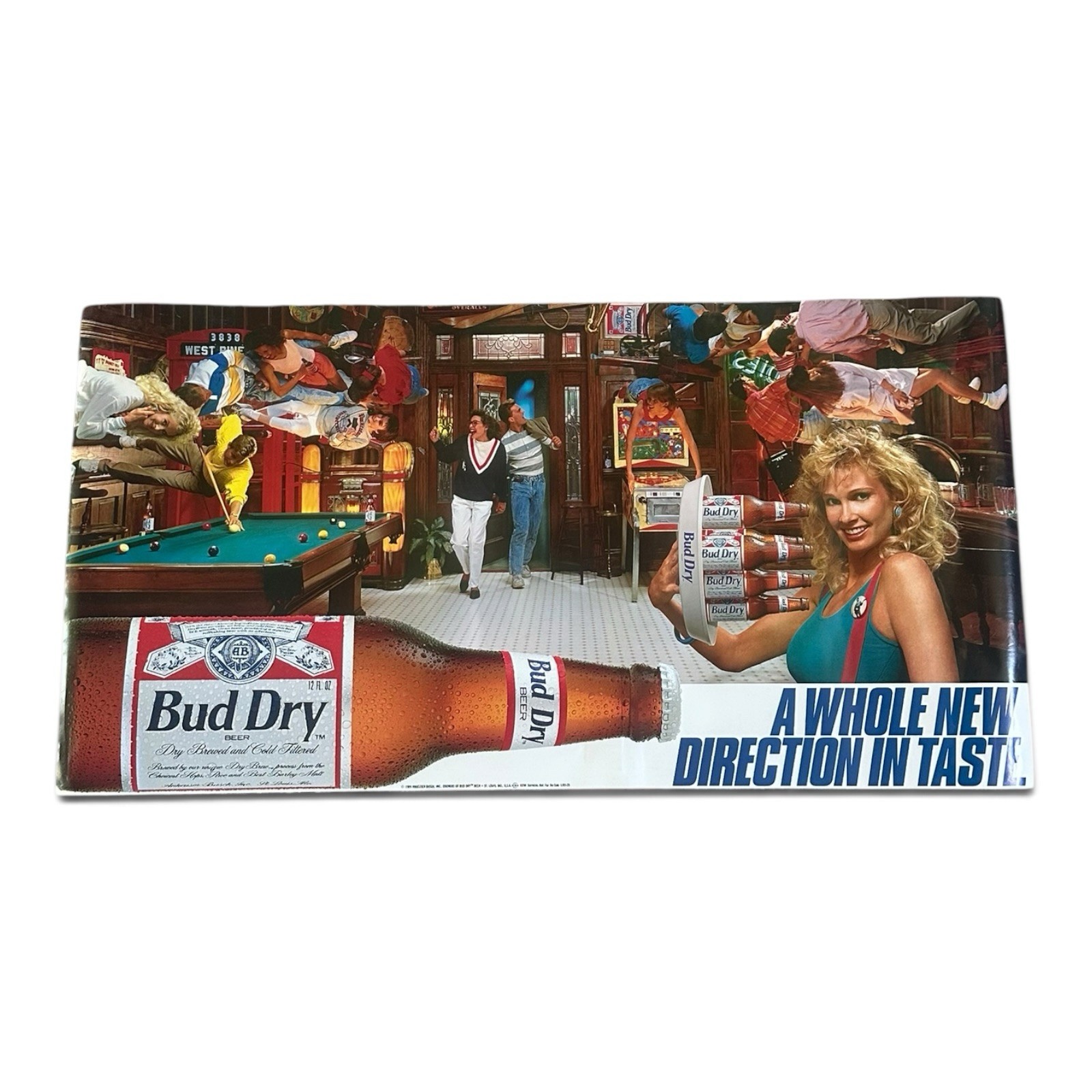 Vtg 1989 Bud Dry Beer Poster Upside Down Bar Scene Slogan Man Cave 1990s 36”x18”