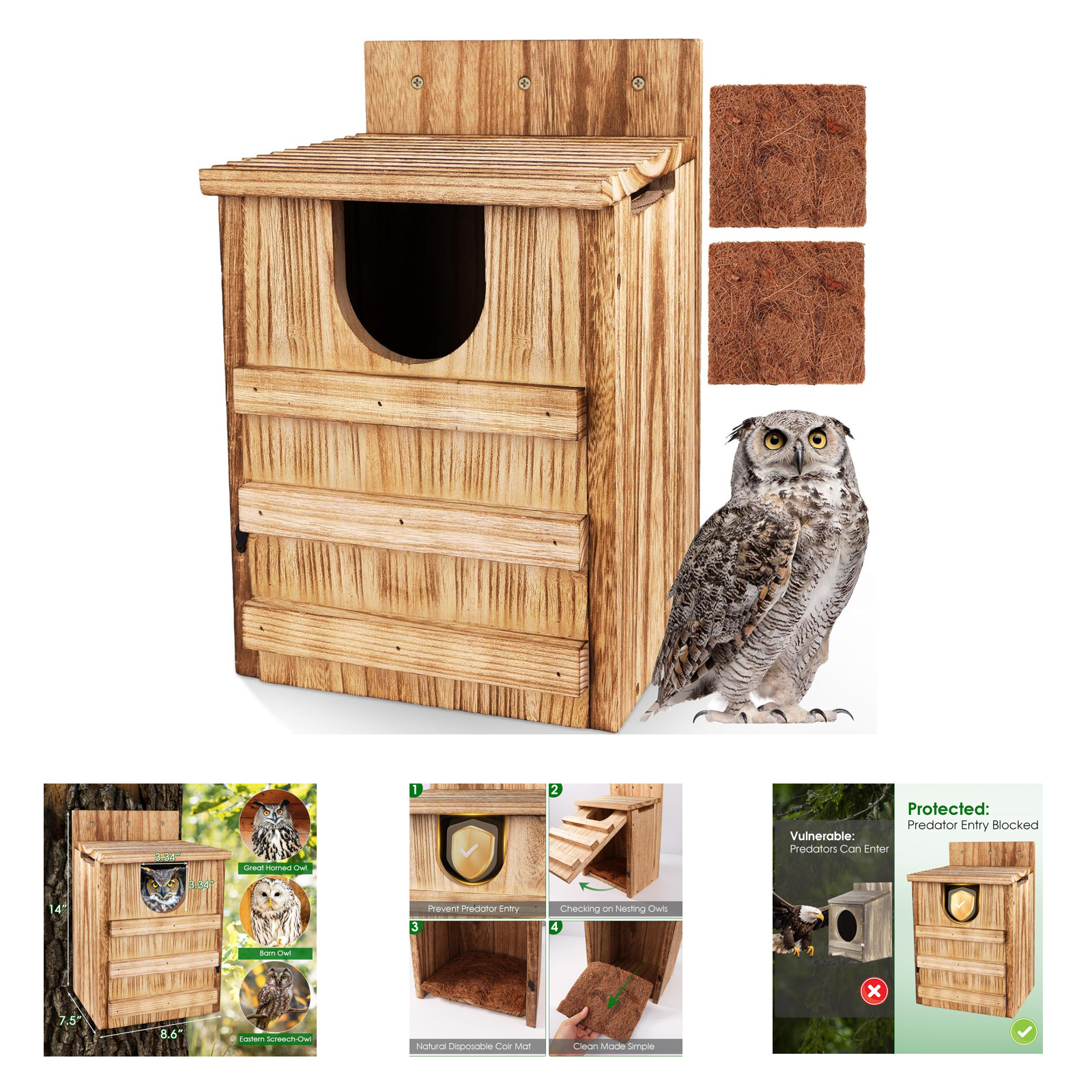 Owl House Wooden Nesting Box for Outside with Predator Entrance and Ventilation Owl House Wooden Nesting Box for Outside with Predator Entrance and Ventilation
