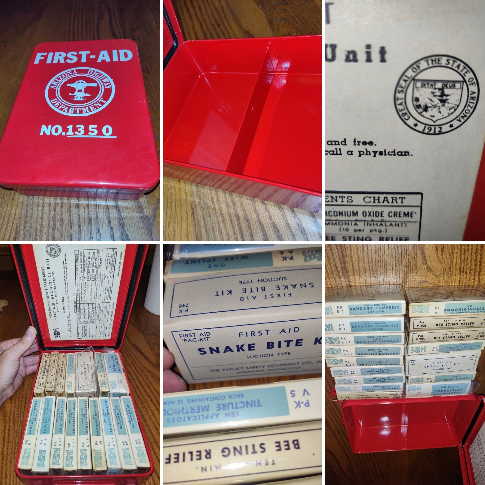Rare AZ HIGHWAY DEPT. First Aid Kit Red Metal Case W/ Original Contents