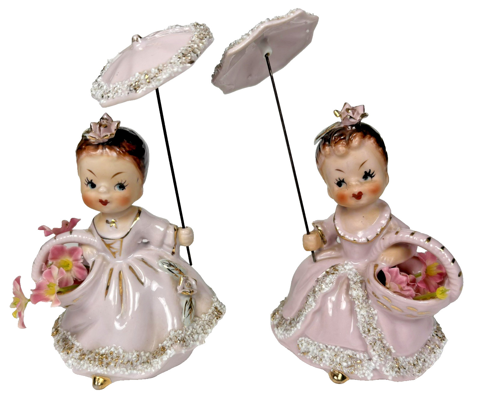 Vtg 1950s Ucagco Japan Pair Girl Figurines Pink Parasol Umbrella Flower Basket Vtg 1950s Ucagco Japan Pair Girl Figurines Pink Parasol Umbrella Flower Basket