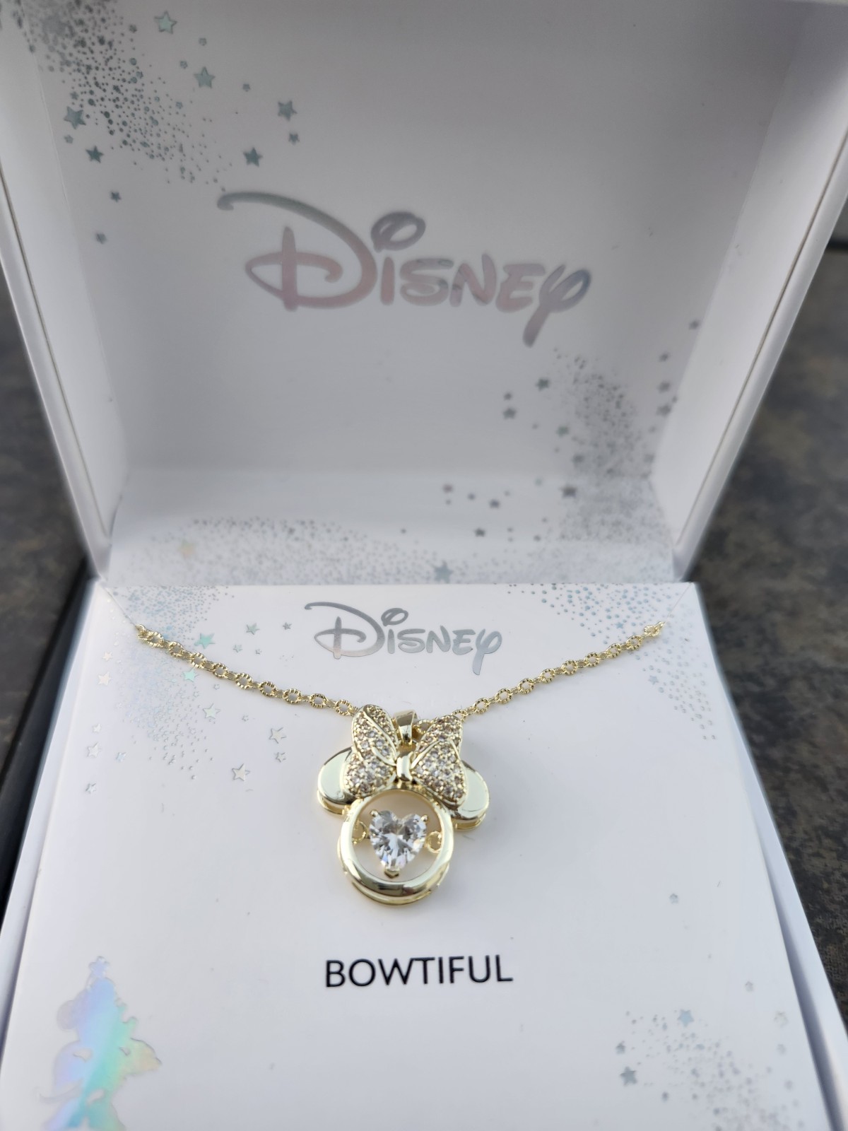 Disney Minnie Mouse Bowtiful Necklace Floating Crystal Heart~16+2”~Gold tone NIB Disney Minnie Mouse Bowtiful Necklace Floating Crystal Heart~16+2”~Gold tone NIB
