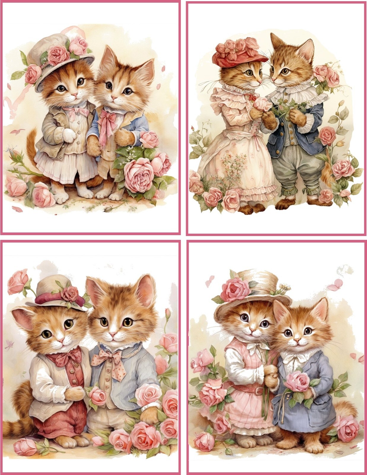 VALENTINE VINTAGE VICTORIAN Cat roses 8 GLOSSY BLANK CARD with envelopes VALENTINE VINTAGE VICTORIAN Cat roses 8 GLOSSY BLANK CARD with envelopes