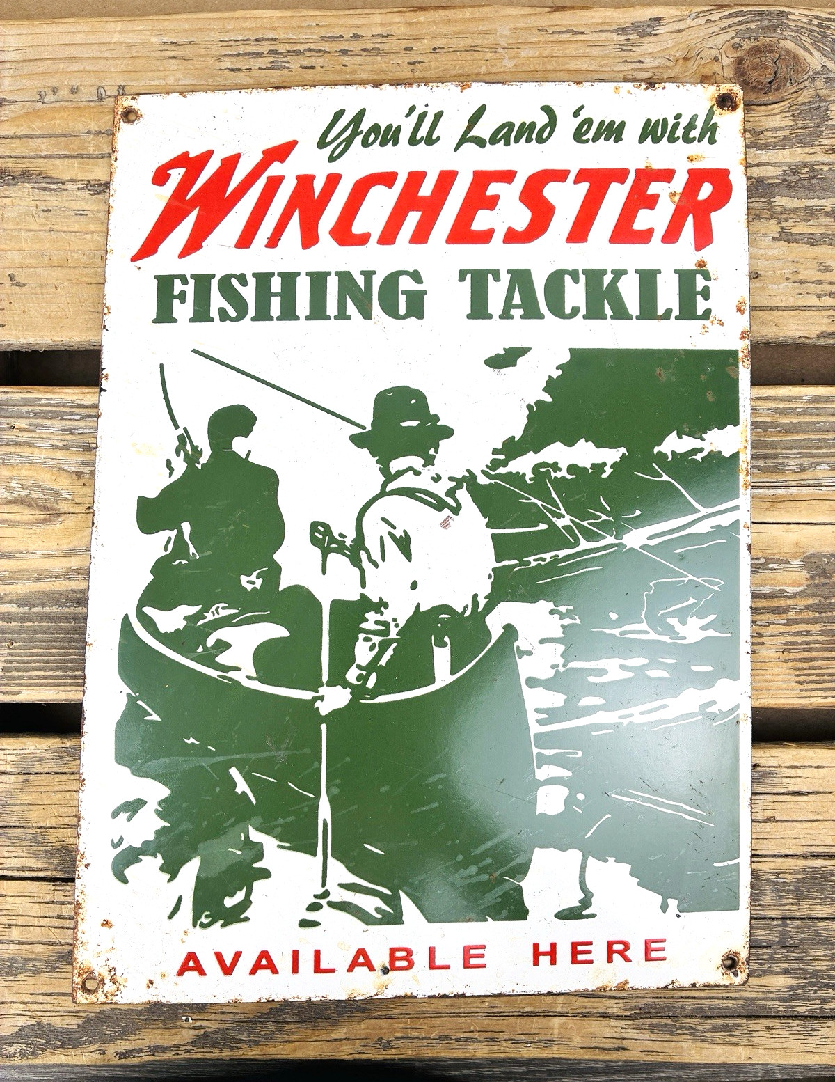 VINTAGE 14x10" WINCHESTER FISHING TACKLE HUNTING GAS OIL GASOLINE PORCELAIN SIGN VINTAGE 14x10" WINCHESTER FISHING TACKLE HUNTING GAS OIL GASOLINE PORCELAIN SIGN