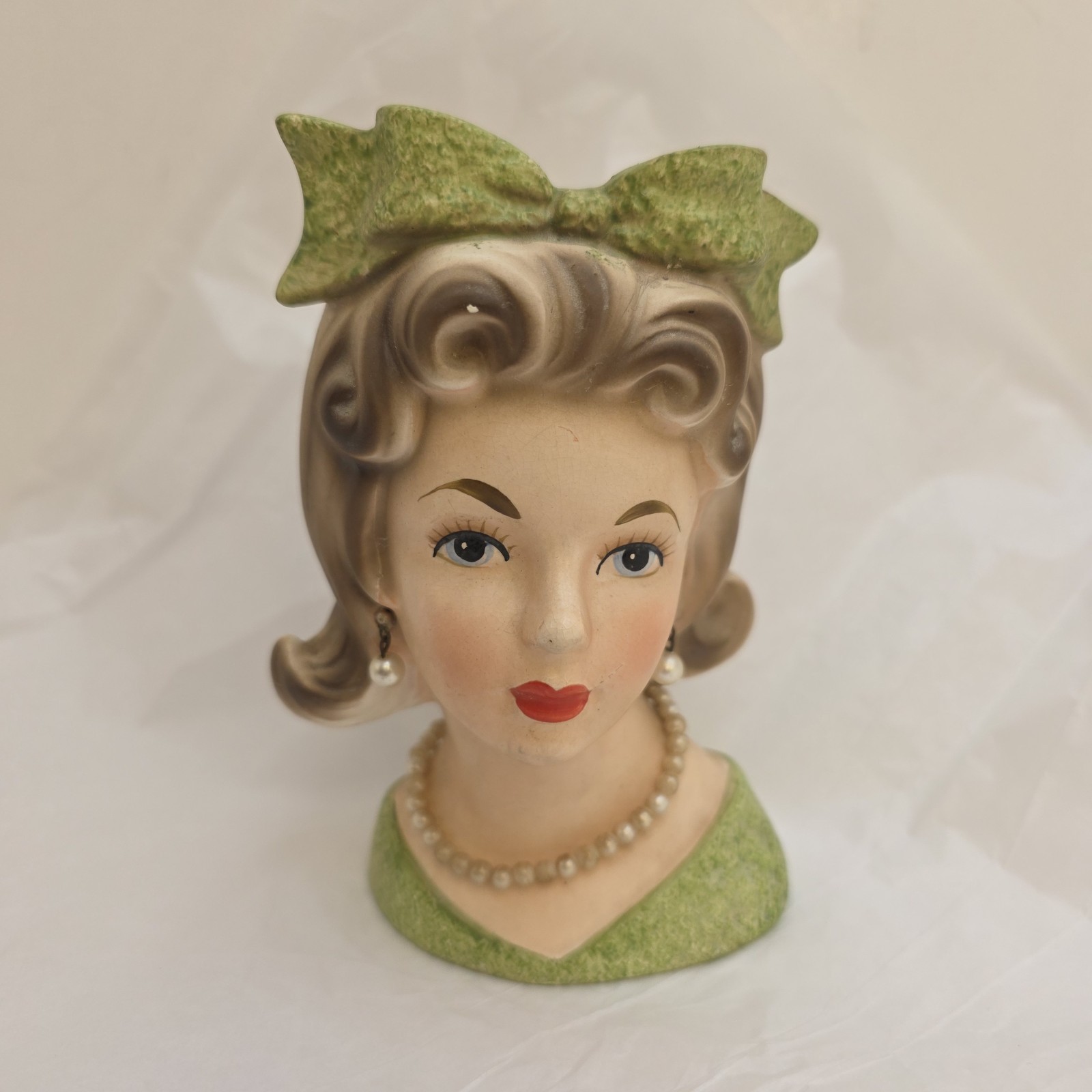 VTG RELPO Lady Head Vase K1696 Green Bow Pearls Earrings Japan 5.5" Sticker VTG RELPO Lady Head Vase K1696 Green Bow Pearls Earrings Japan 5.5" Sticker