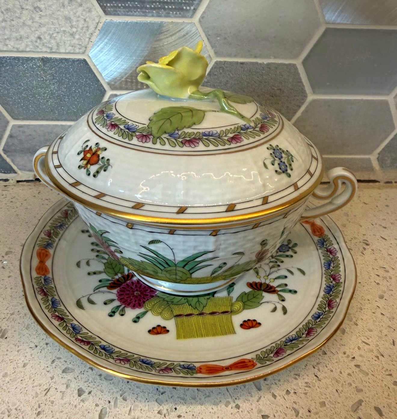 Herend Handpainted Floral Porcelain Soup Tureen w Lid Underplate 744/FD Herend Handpainted Floral Porcelain Soup Tureen w Lid Underplate 744/FD
