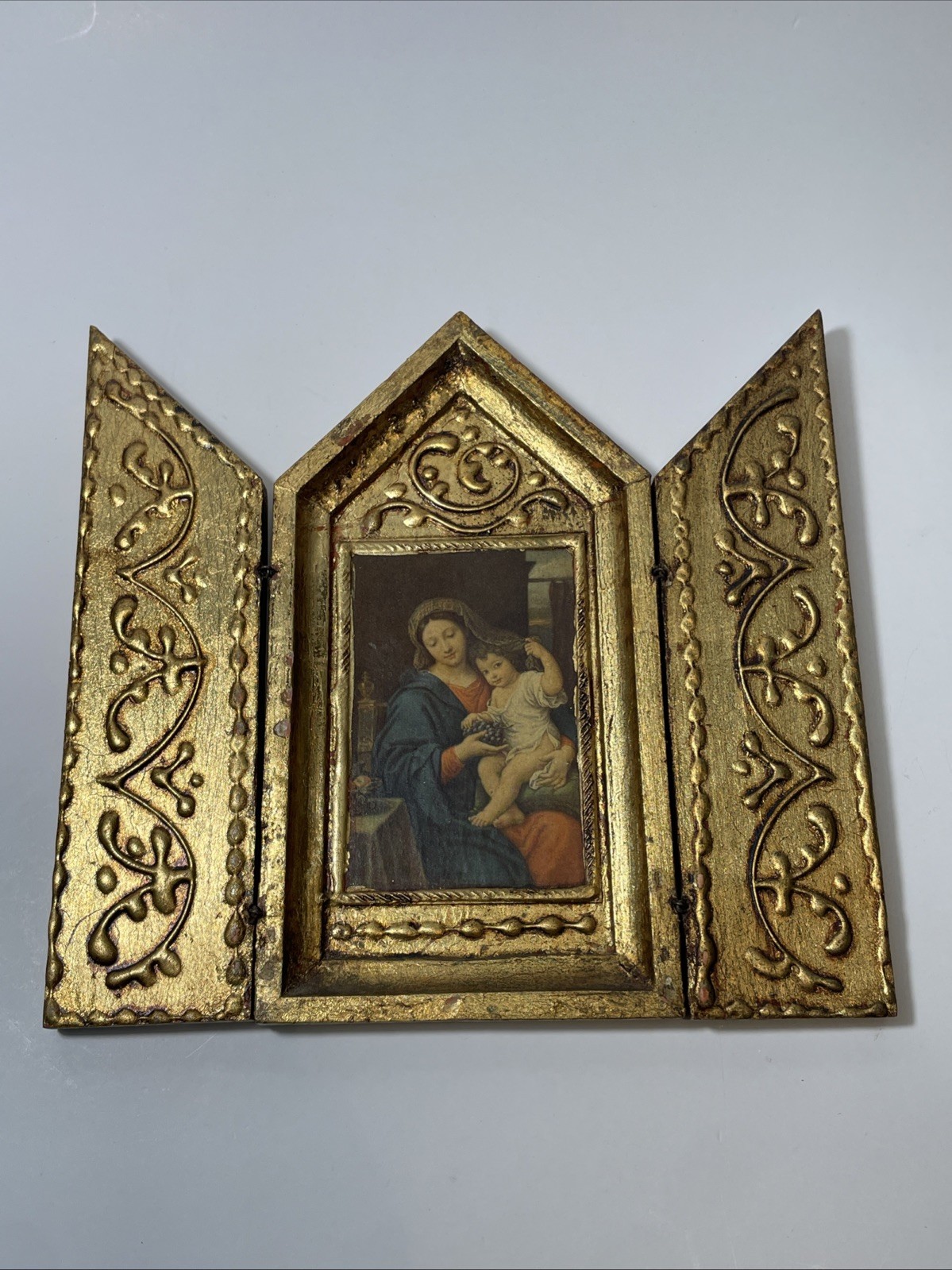 Antique Madonna Of The Grapes Triptych Gold Gilded Religious Holy Virgin Mary Antique Madonna Of The Grapes Triptych Gold Gilded Religious Holy Virgin Mary