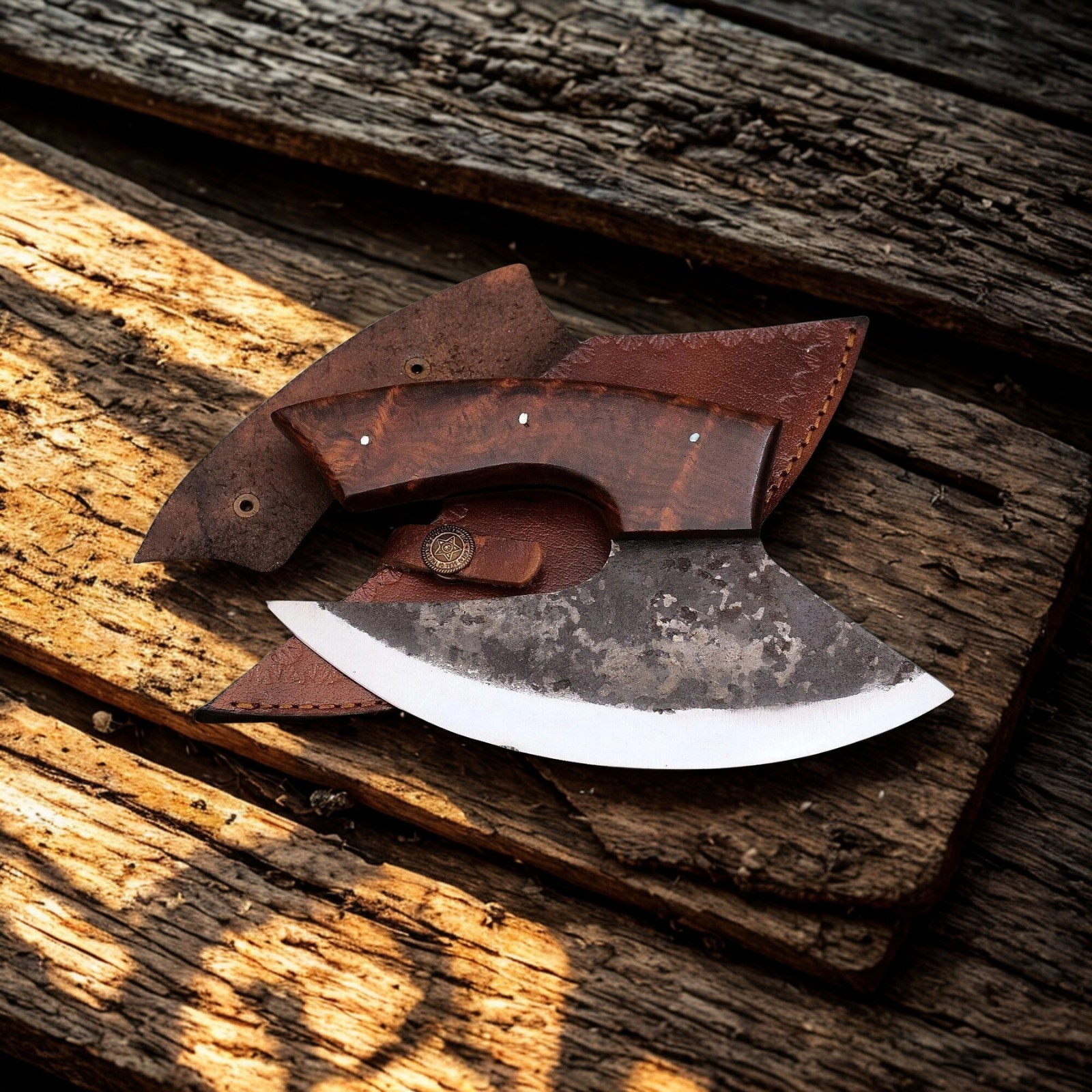 SHARD BLADE D2 Steel Alaskan ULU Hunting Knife Wood Handle Full Tang Sheath 7"