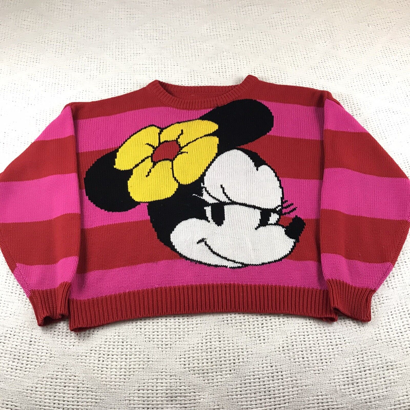 Minnie Mouse Sweater Vintage Intarsia Acrylic Pink Red Striped Knit Small/Med