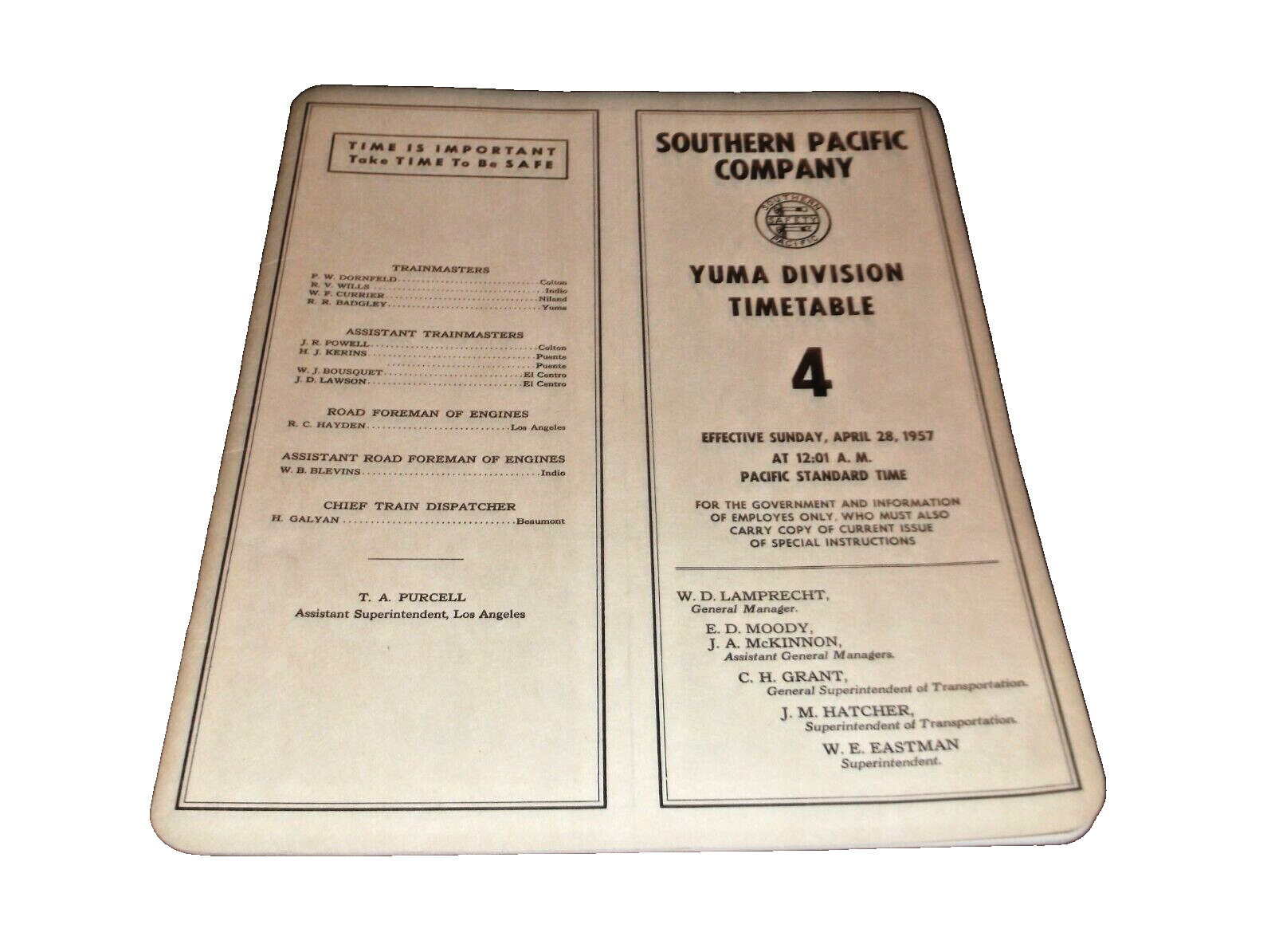 APRIL 1957 SOUTHERN PACIFIC YUMA DIVISION EMPLOYEE TIMETABLE #4