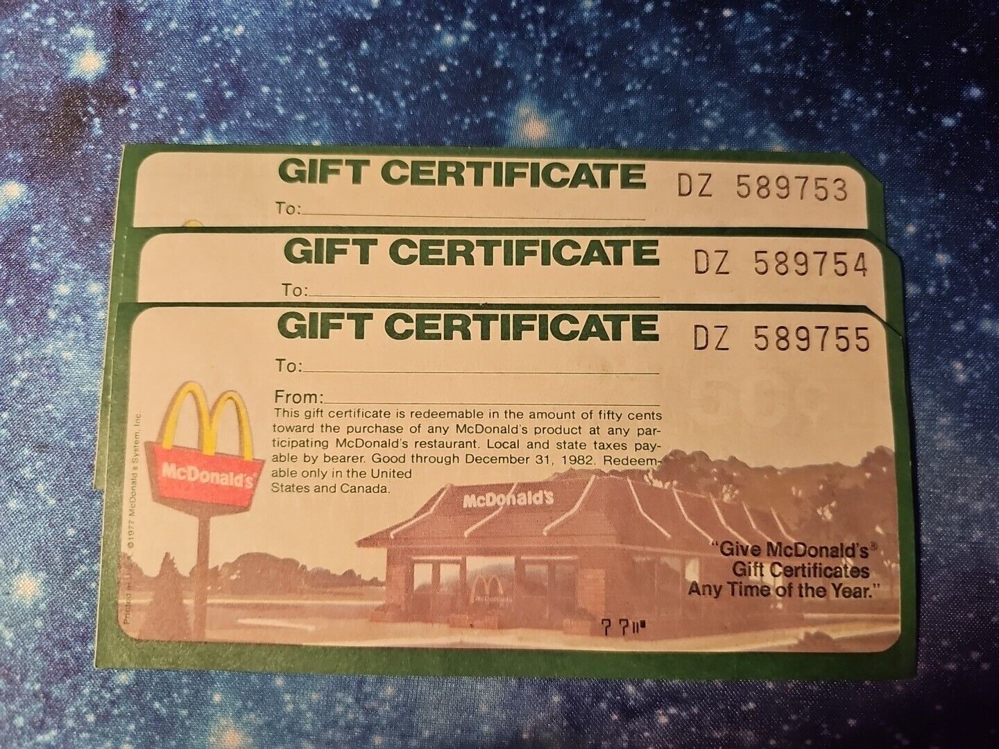 3x Rare Consecutive Vintage NEW UNUSED 1977 McDonald’s 50 Cent Gift Certificate